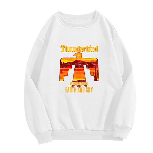 Thunderbird Bridging Earth and Sky Crewneck Sweatshirt with Retro Desert Landscape Design