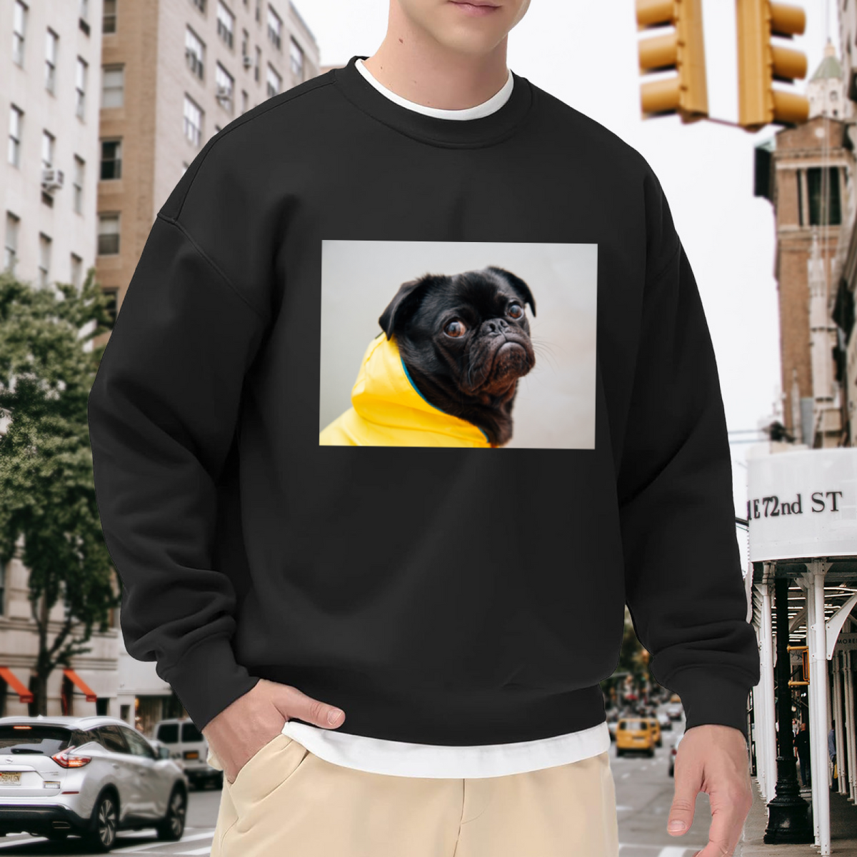 Funny Yellow Raincoat Black Pug Crewneck Sweatshirt for Dog Lovers & Pet Owners