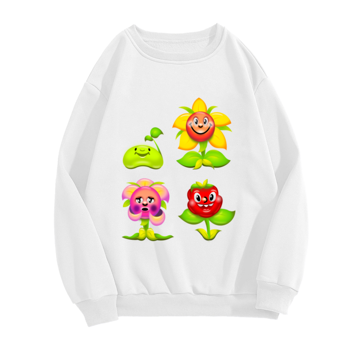 Cute 3D Cartoon Plant Characters Crewneck Sweatshirt | Whimsical Flower Friends Graphic Pullover, Kids Garden Gift