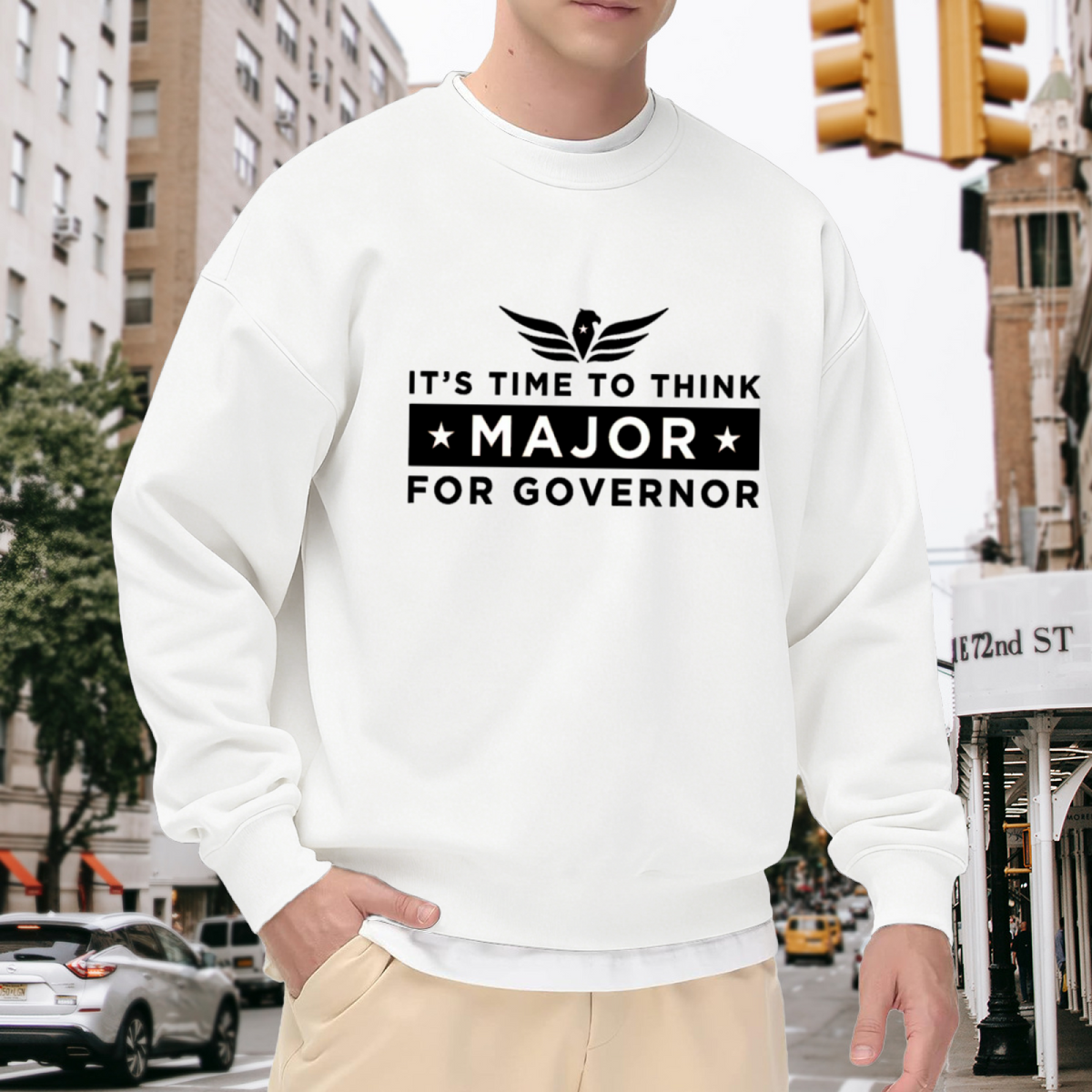 It's Time To Think Major For Governor Crewneck Sweatshirt - Vintage Campaign Eagle Graphic, Election Day Pullover, Political Humor