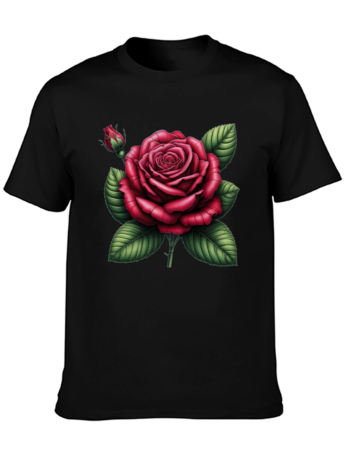 Black T-Shirt with Detailed Red Rose Graphic