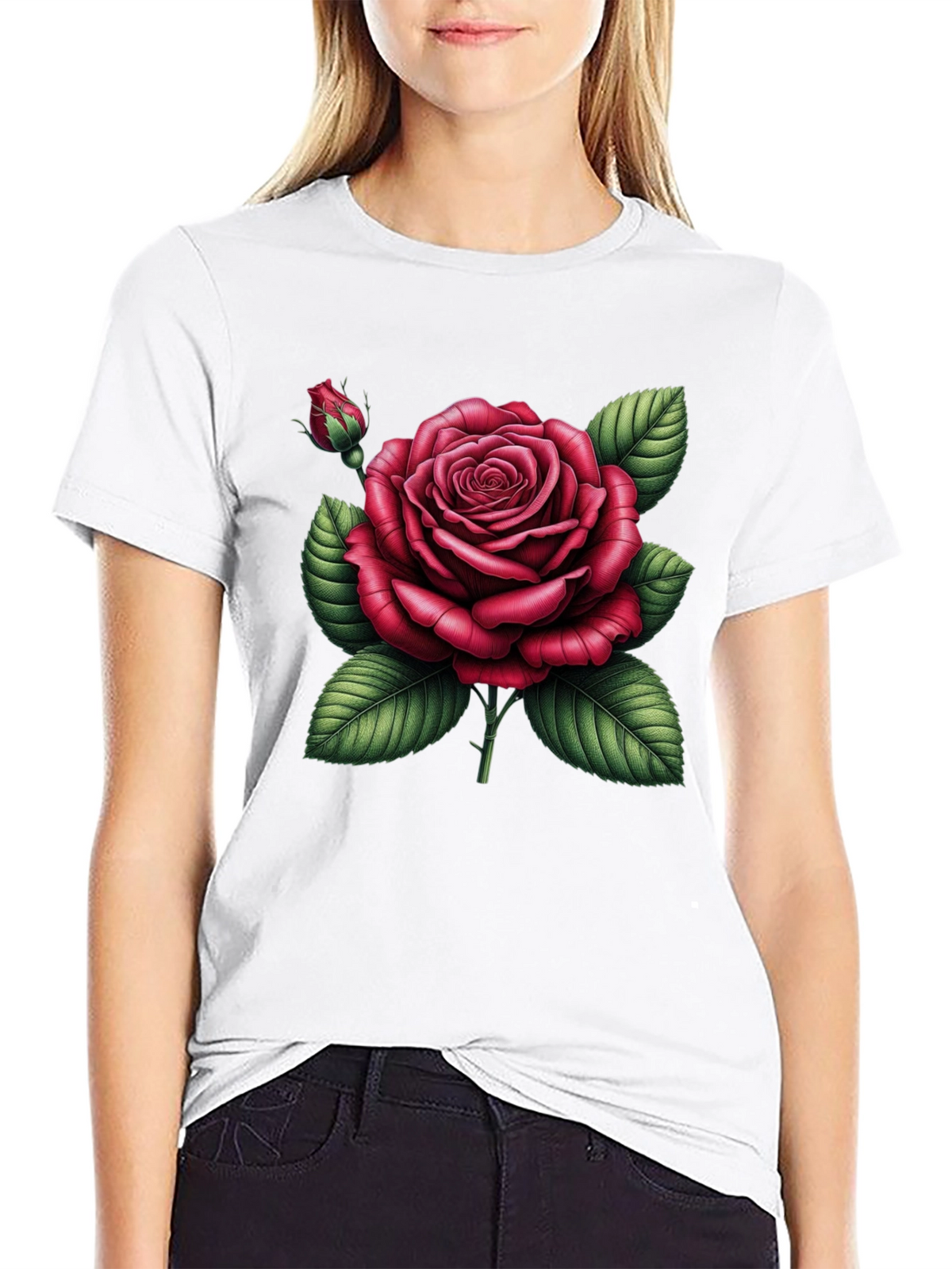 Black T-Shirt with Detailed Red Rose Graphic