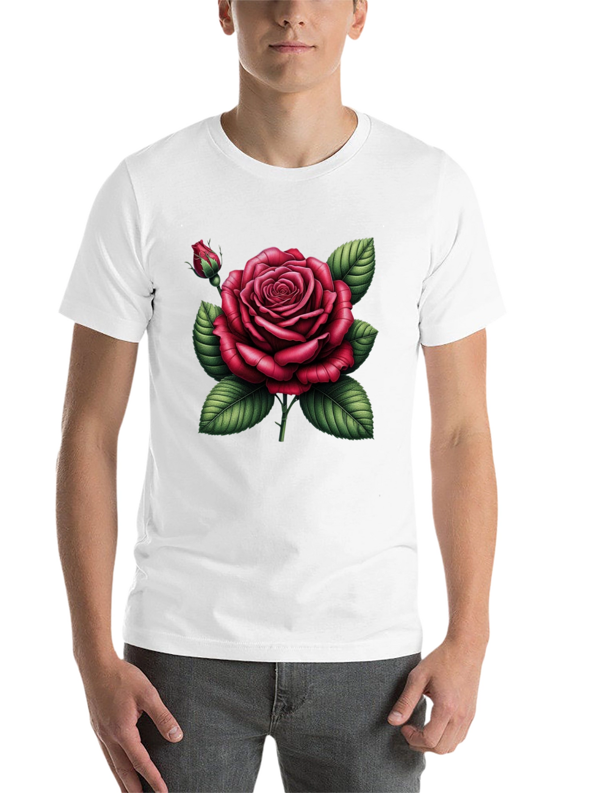 Black T-Shirt with Detailed Red Rose Graphic