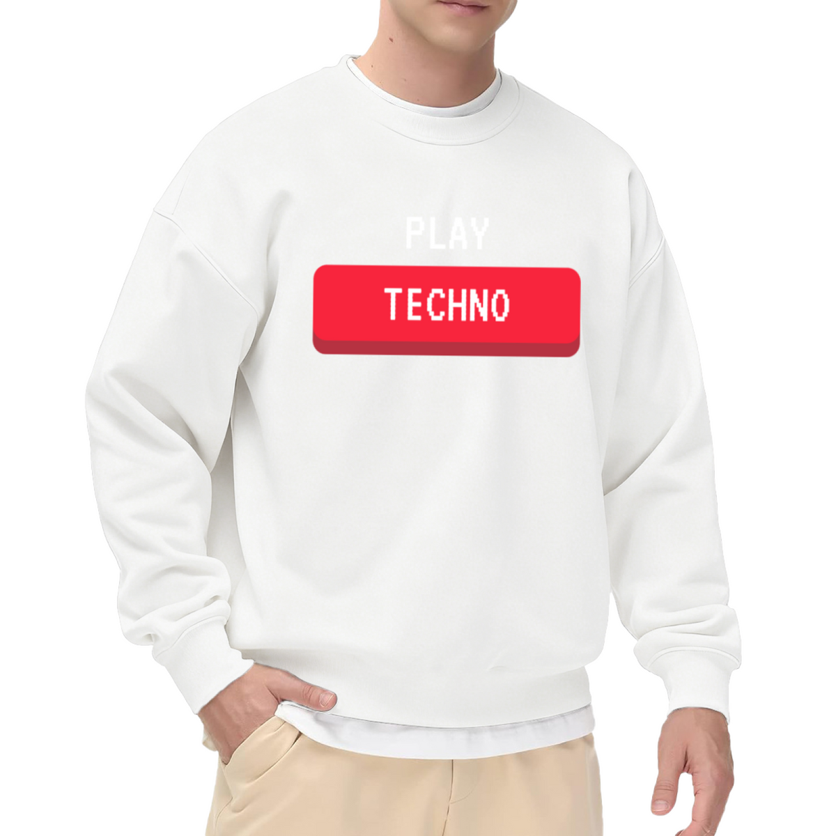 Play Techno Sweatshirt | Retro Pixel Play Button Graphic Crewneck, Electronic Music Lover Pullover Top, Techno Fan Gift for Men Women