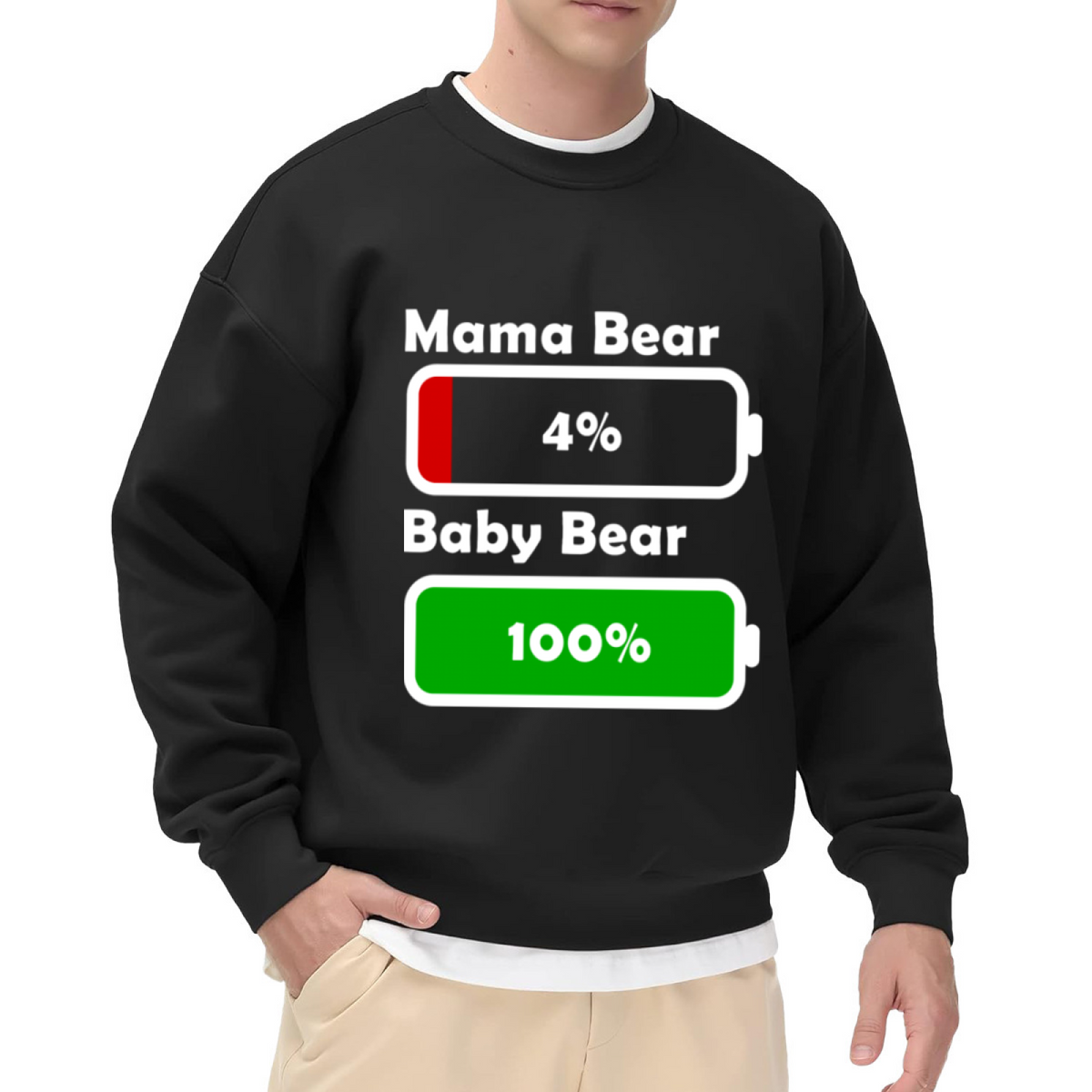 Mama Bear Low Battery Baby Bear Full Battery Crewneck Sweatshirt | Funny Mom Life Pullover, Cute Battery Icon Graphic Top, Mother's Day Gift