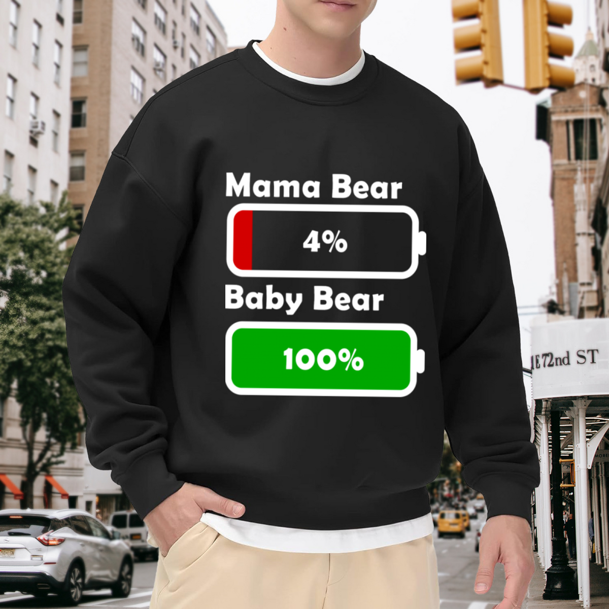Mama Bear Low Battery Baby Bear Full Battery Crewneck Sweatshirt | Funny Mom Life Pullover, Cute Battery Icon Graphic Top, Mother's Day Gift