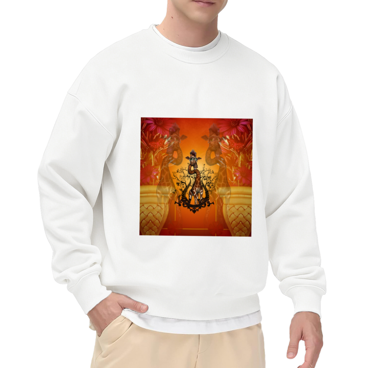 Artistic Giraffe and Floral Print Crewneck Sweatshirt, Safari Animal Botanical Graphic Pullover, Nature Lover Casual Wear for Men Women