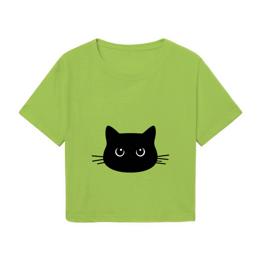 Cute Black Cat Face Lime Green Cropped Tee ¨C Minimalist Kitty Graphic Top