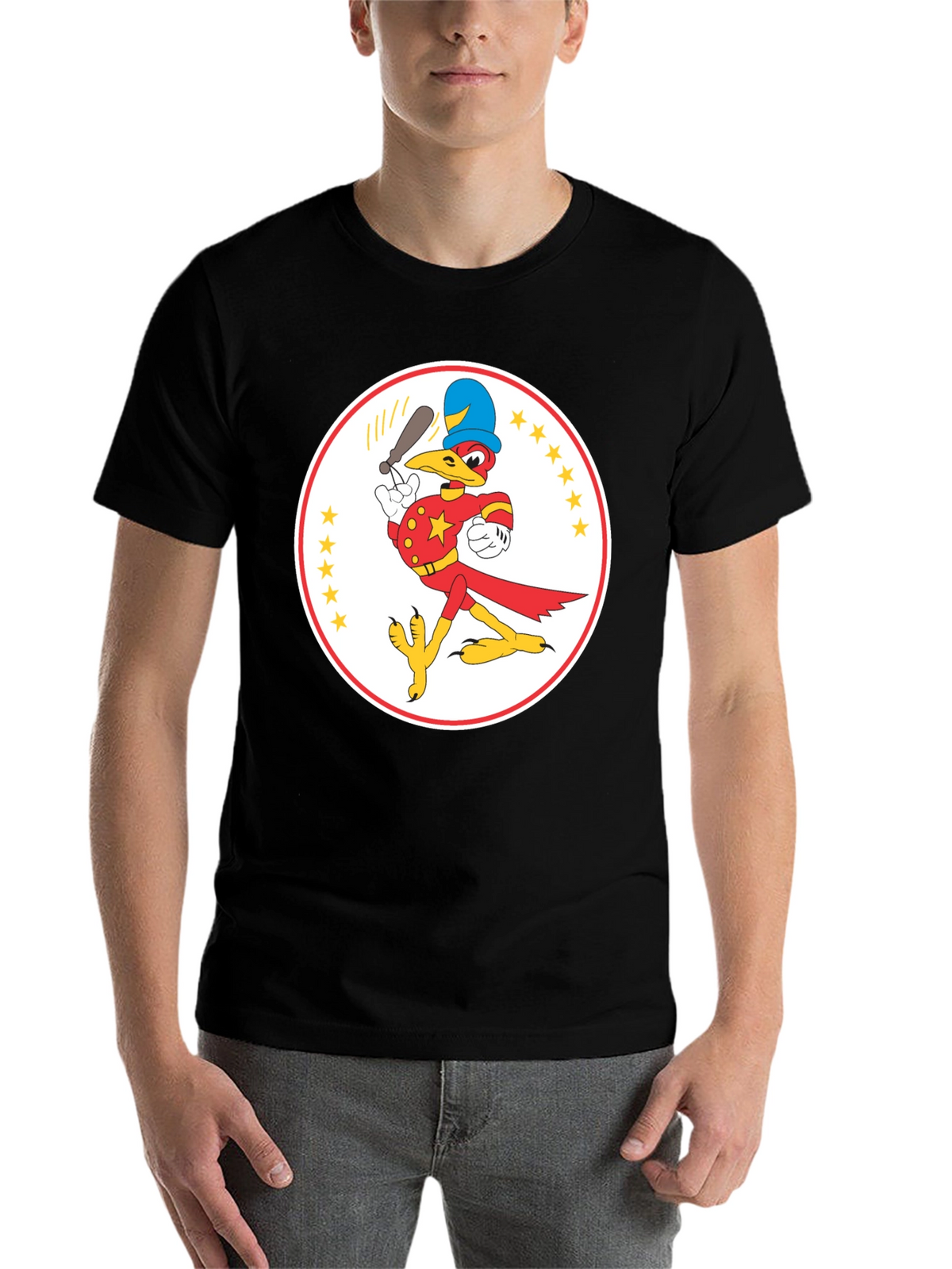 Cartoon Bird Baseball Player Black T-Shirt