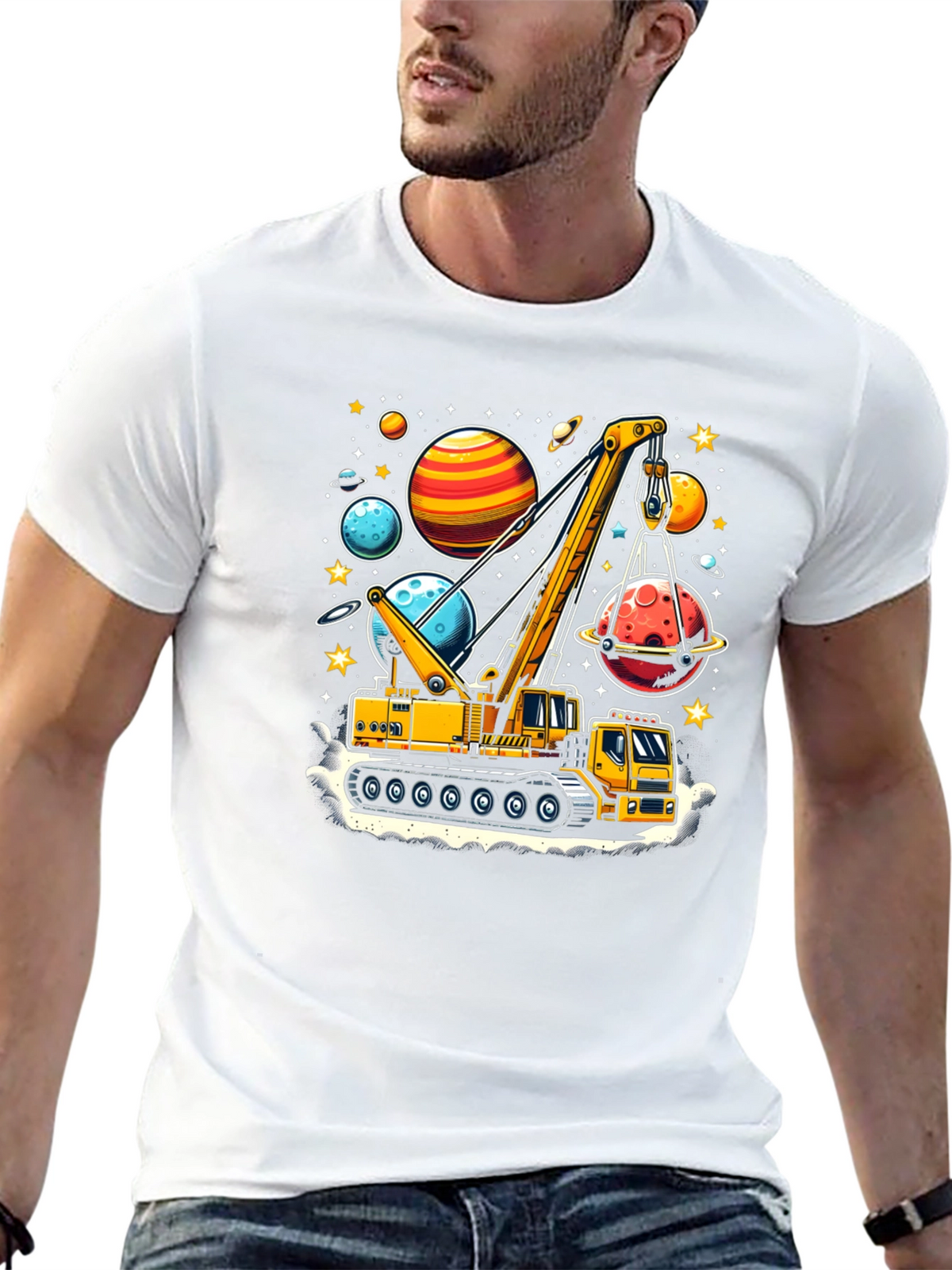 Crane Lifting Planets Graphic T-Shirt
