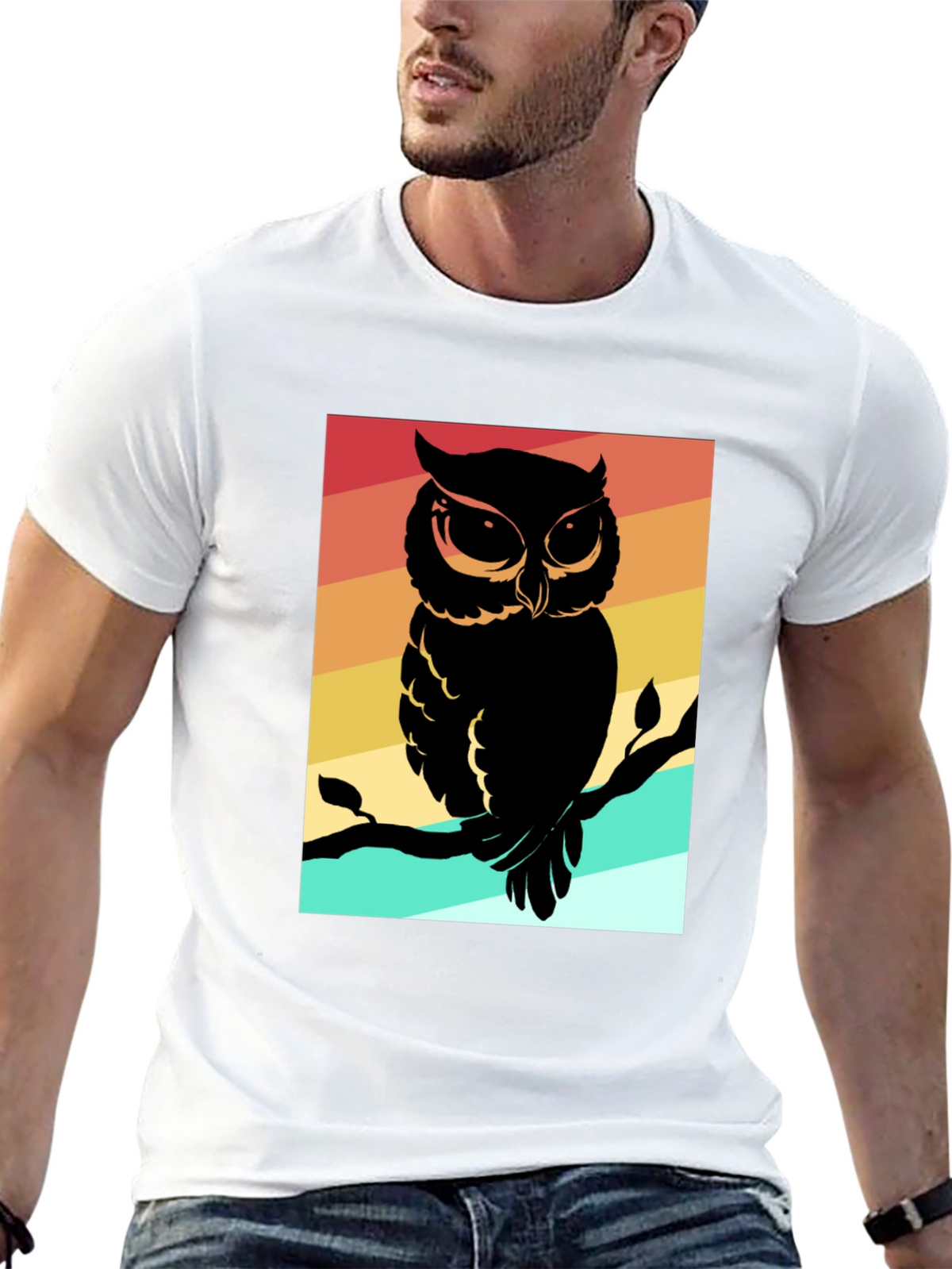 Retro Owl Graphic Tee - Mens Black Cotton T-Shirt