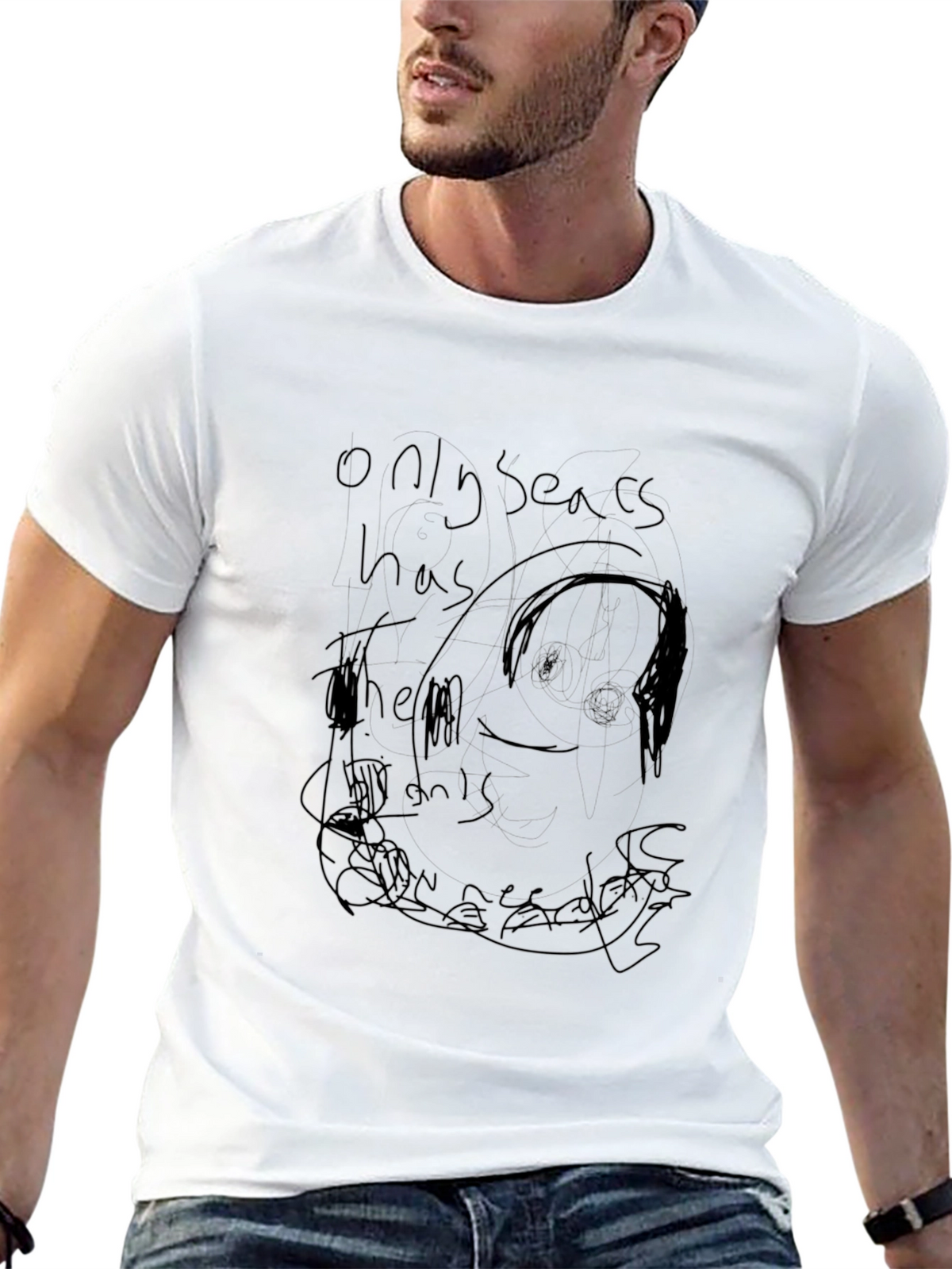 Mens Black Graphic Tee - Expressive Doodle Design
