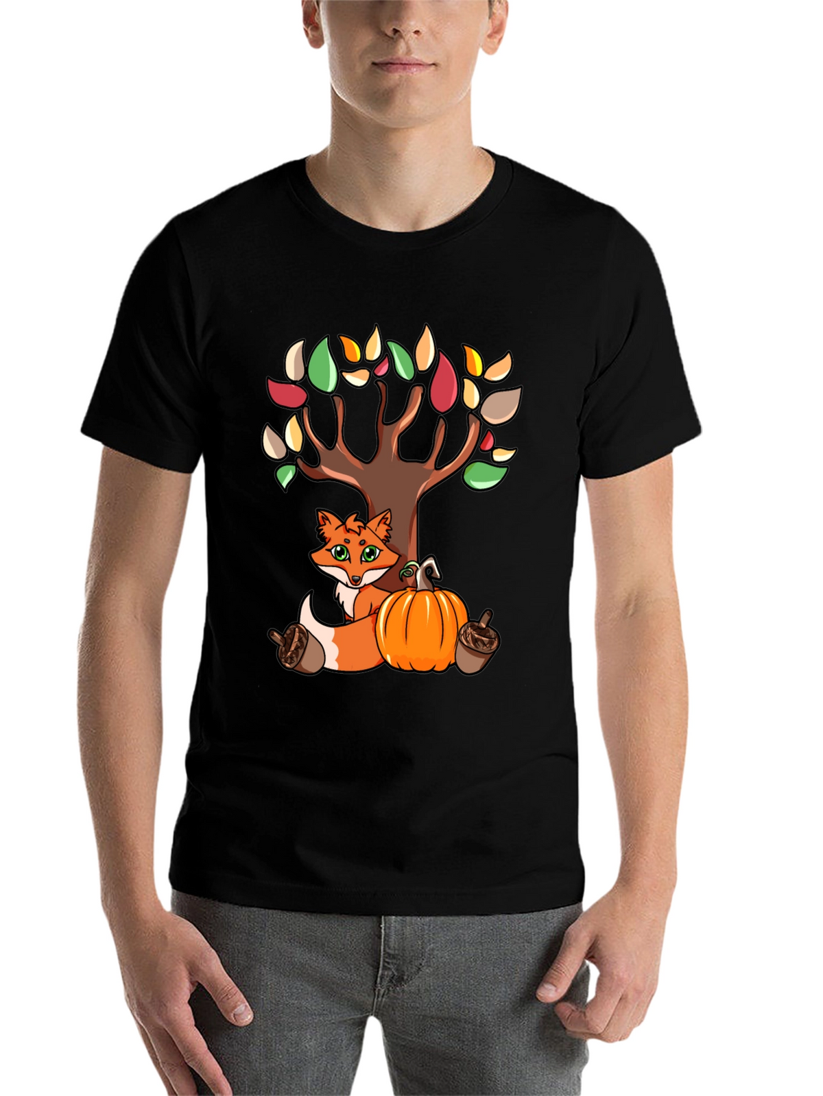 Autumn Fox & Tree Black T-Shirt