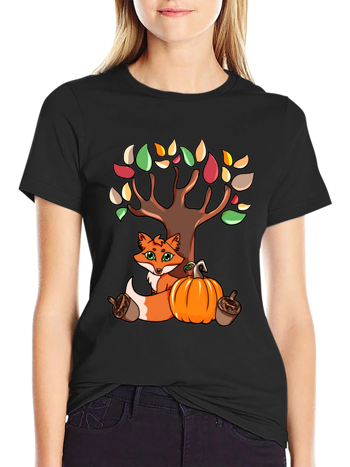 Autumn Fox & Tree Black T-Shirt