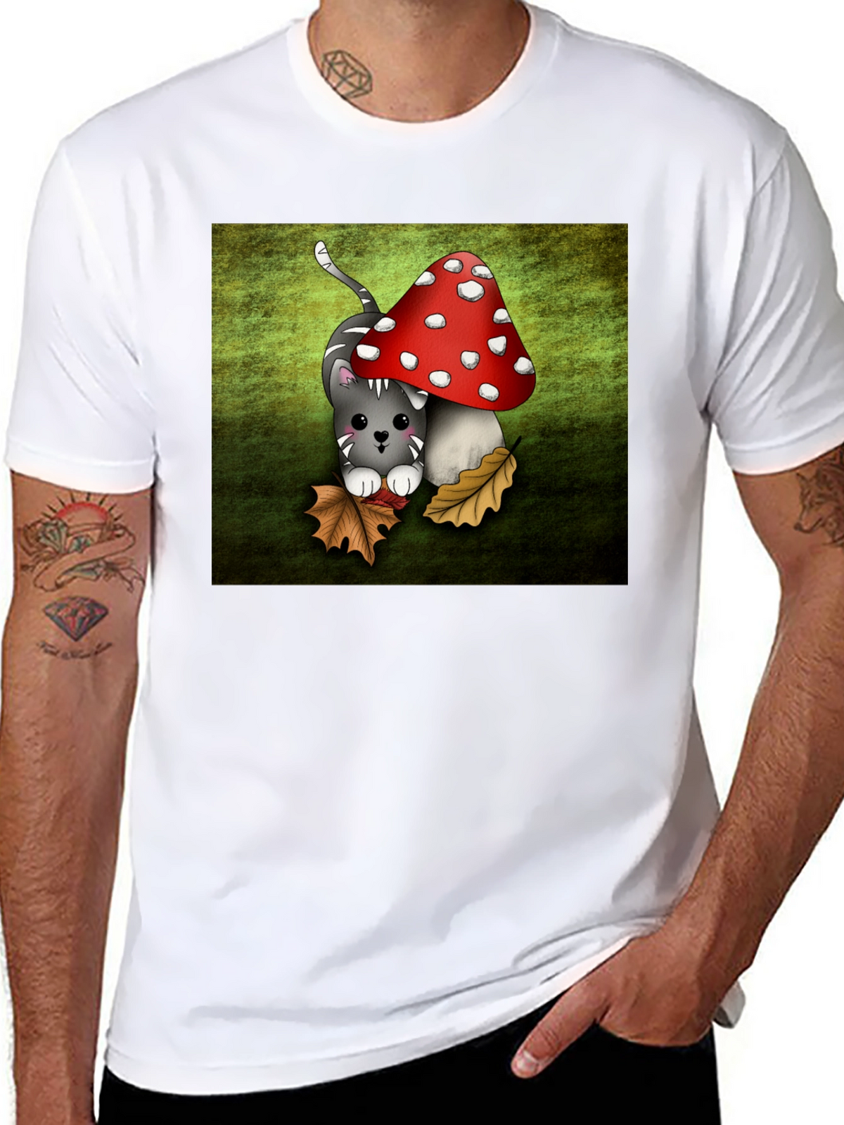 Cute Cartoon Cat and Mushroom Graphic T-Shirt