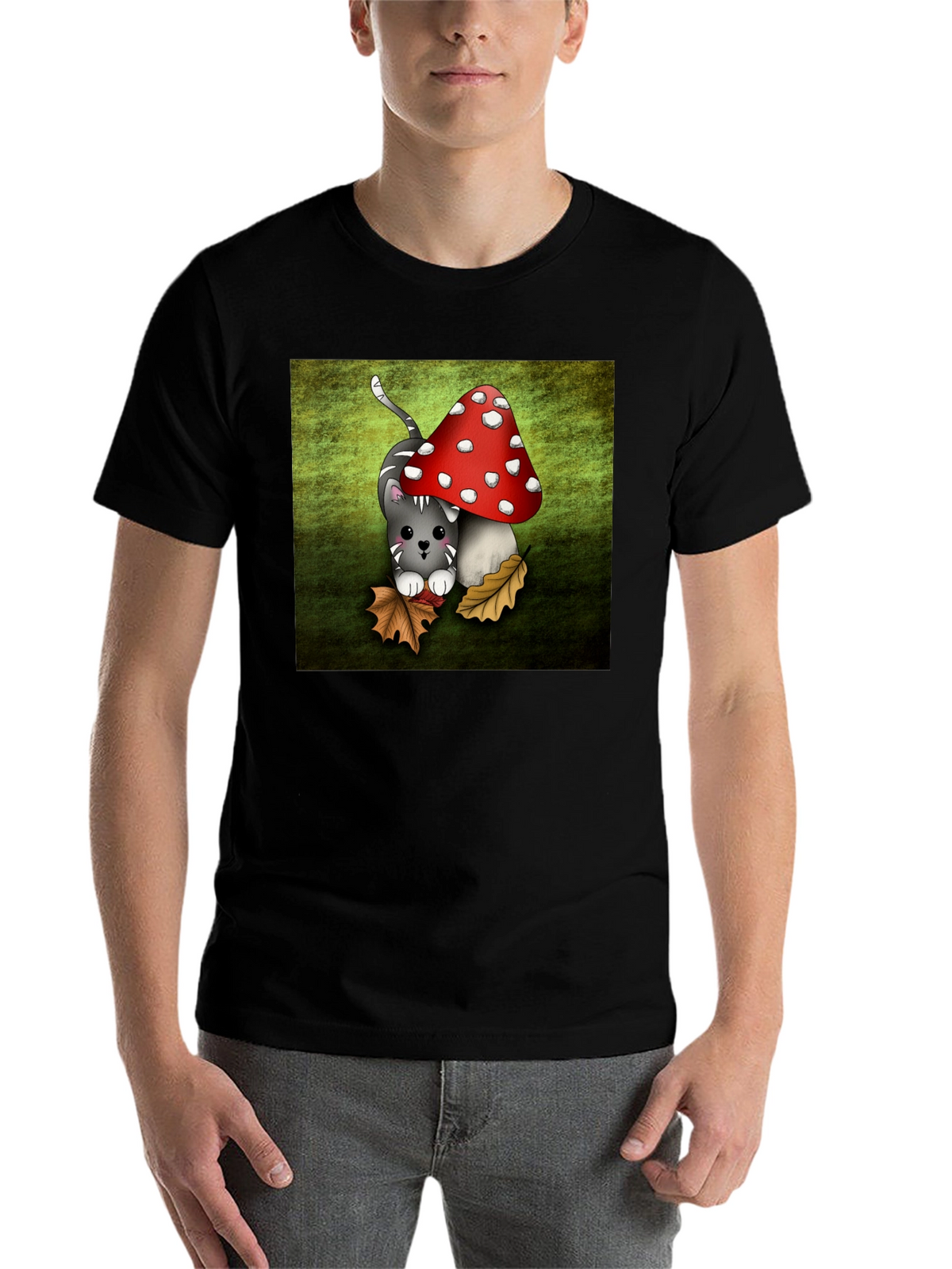 Cute Cartoon Cat and Mushroom Graphic T-Shirt