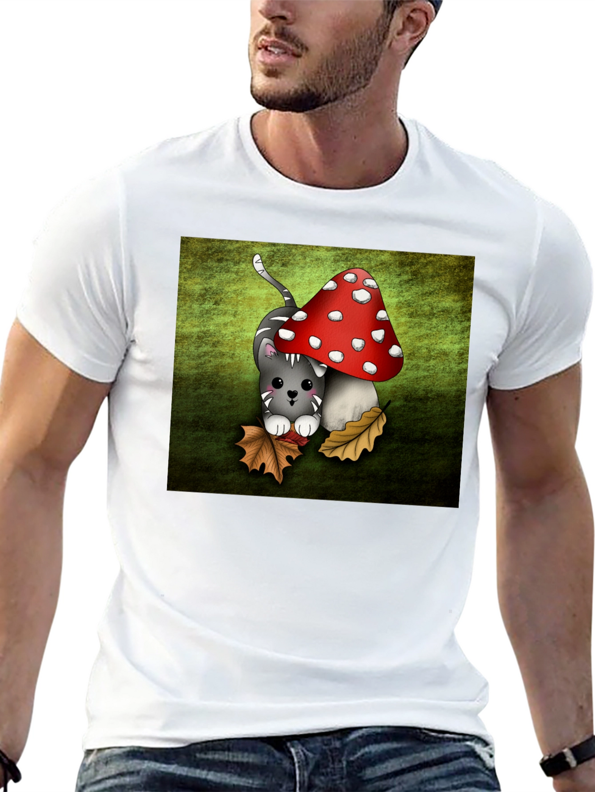 Cute Cartoon Cat and Mushroom Graphic T-Shirt