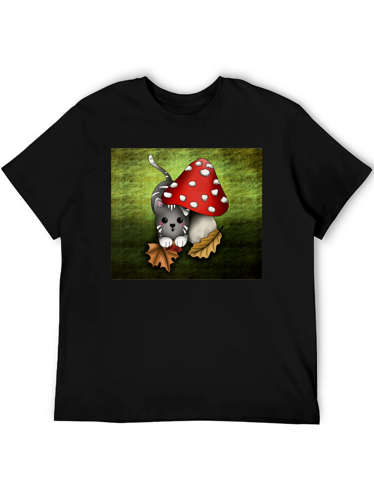 Cute Cartoon Cat and Mushroom Graphic T-Shirt