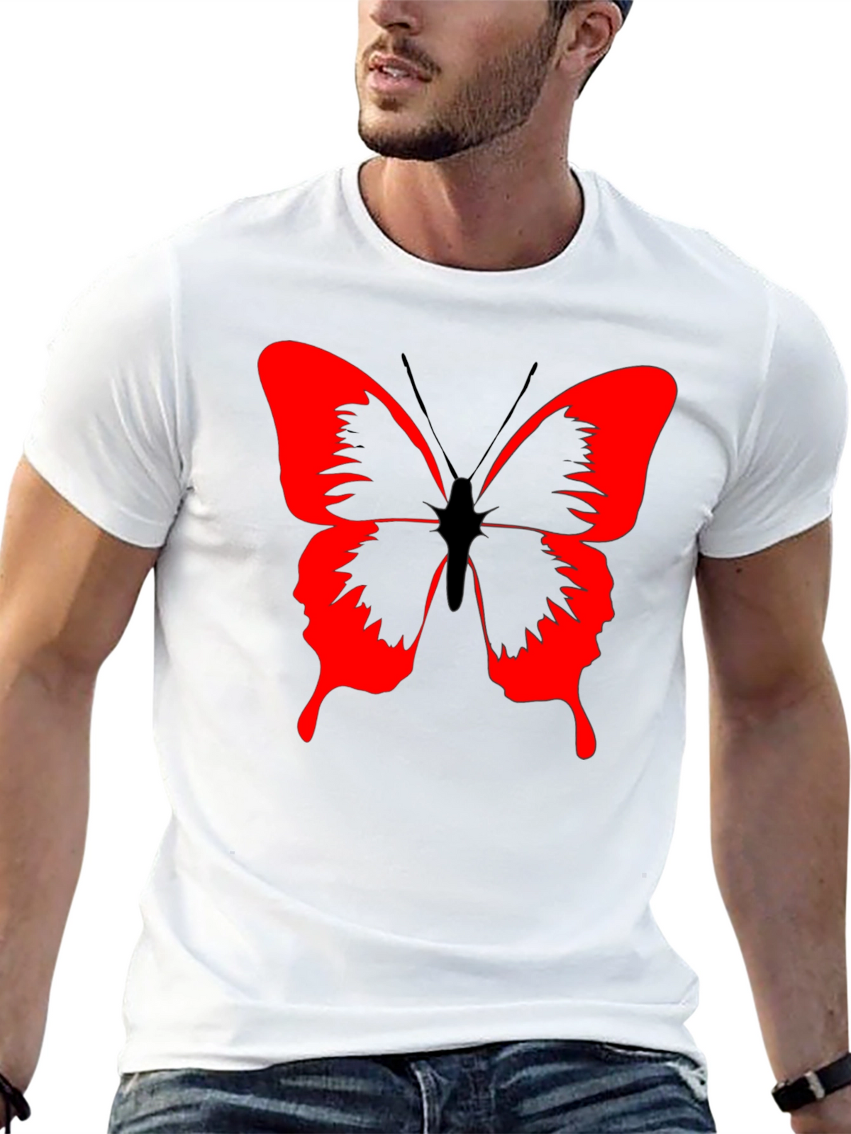 Butterfly Graphic Black T-Shirt - Bold Red Design