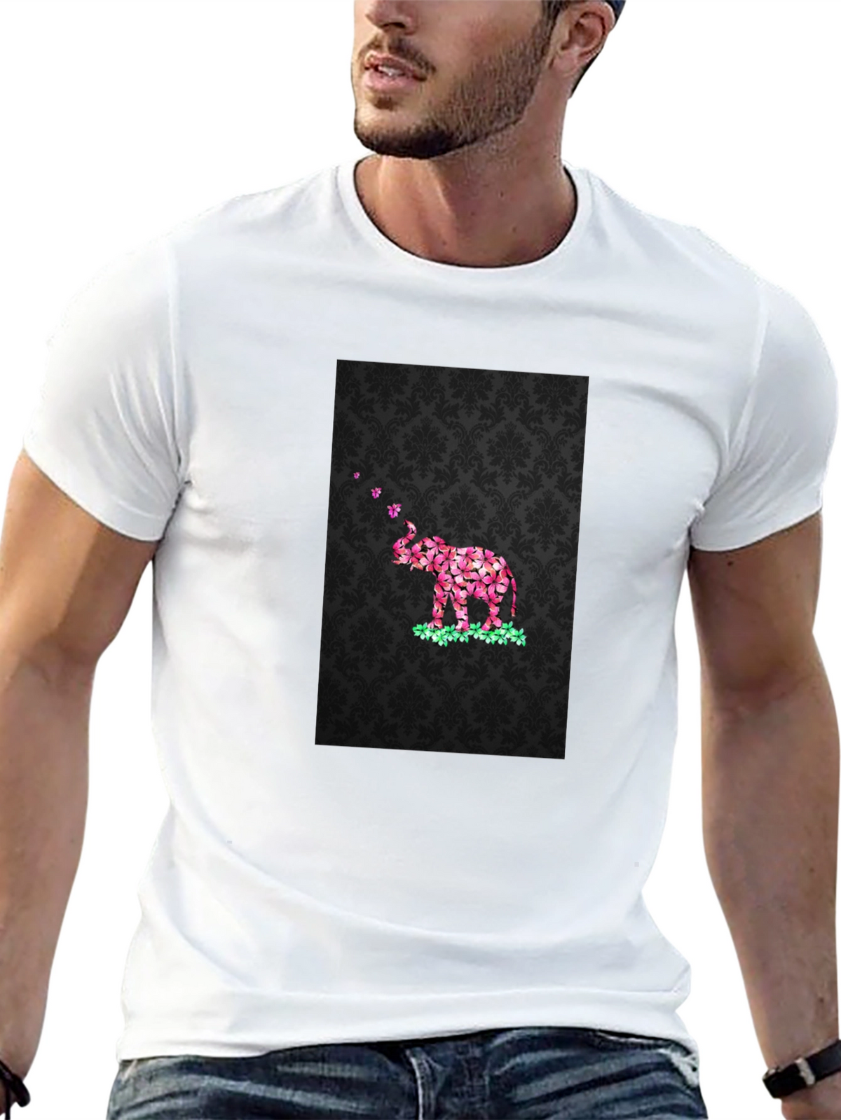 Floral Elephant Graphic Print Black T-Shirt