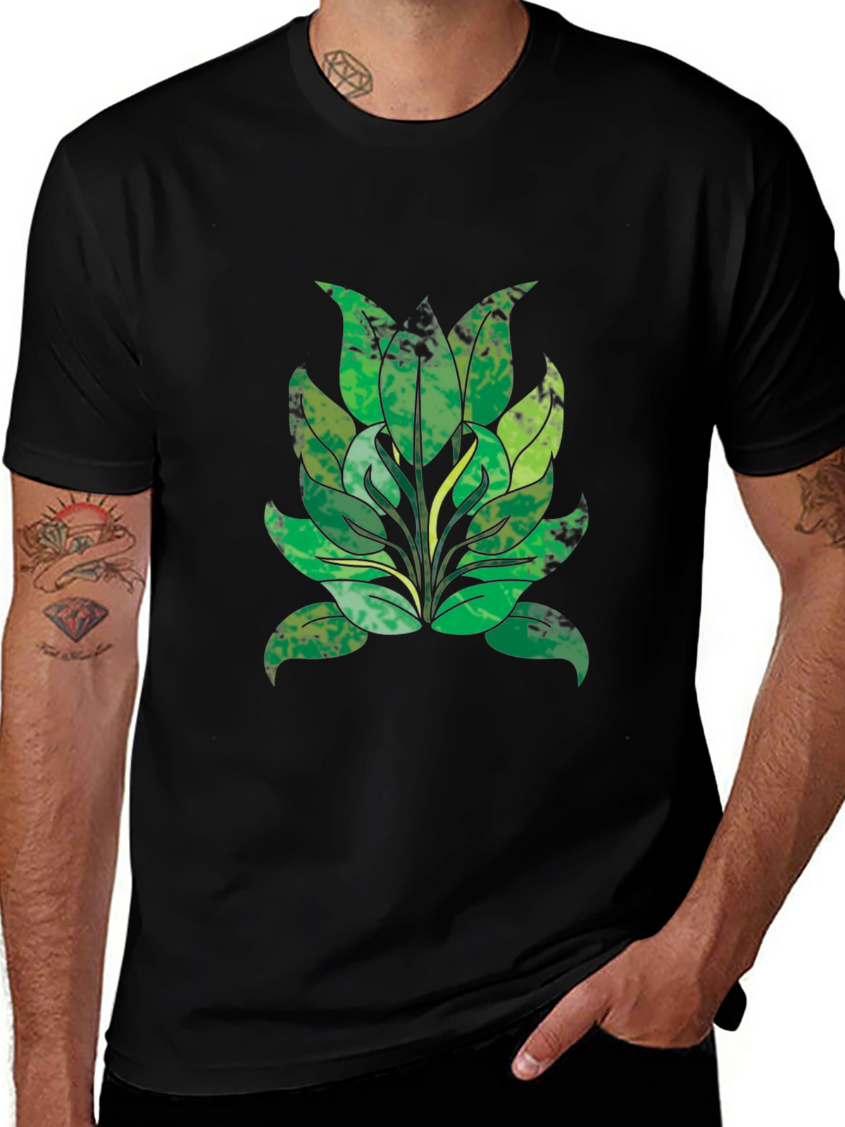 Green Leaf Graphic Black T-Shirt