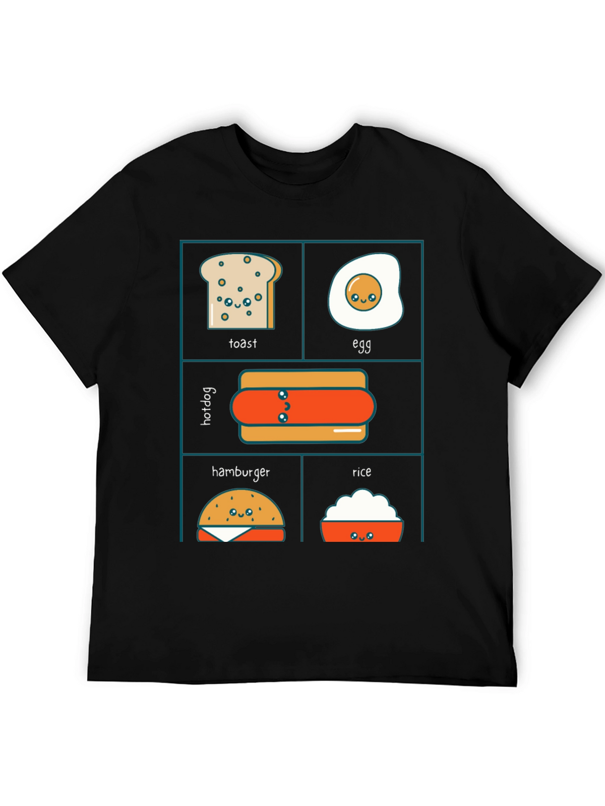 Kawaii Food T-Shirt: Toast Egg Hotdog Hamburger Rice