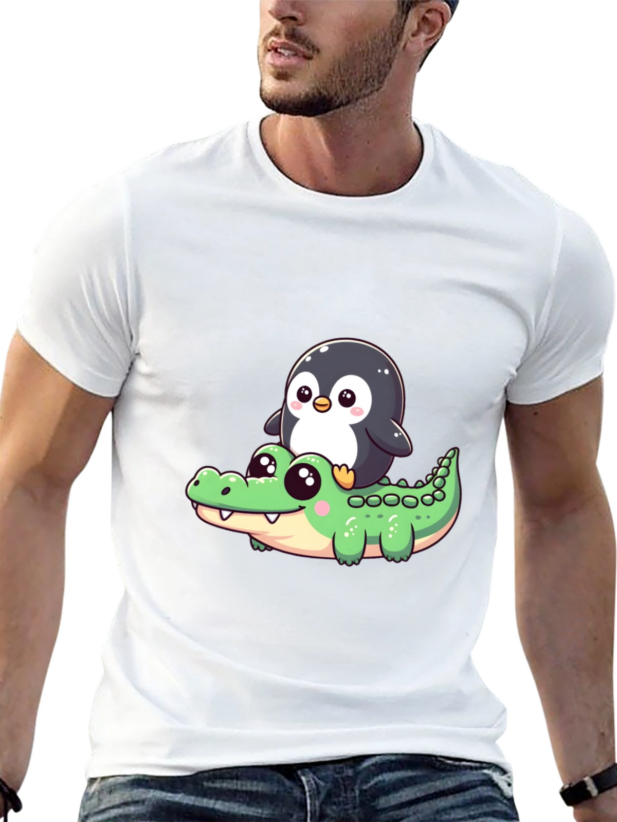 Cute Penguin Riding Alligator Graphic Tee - Black