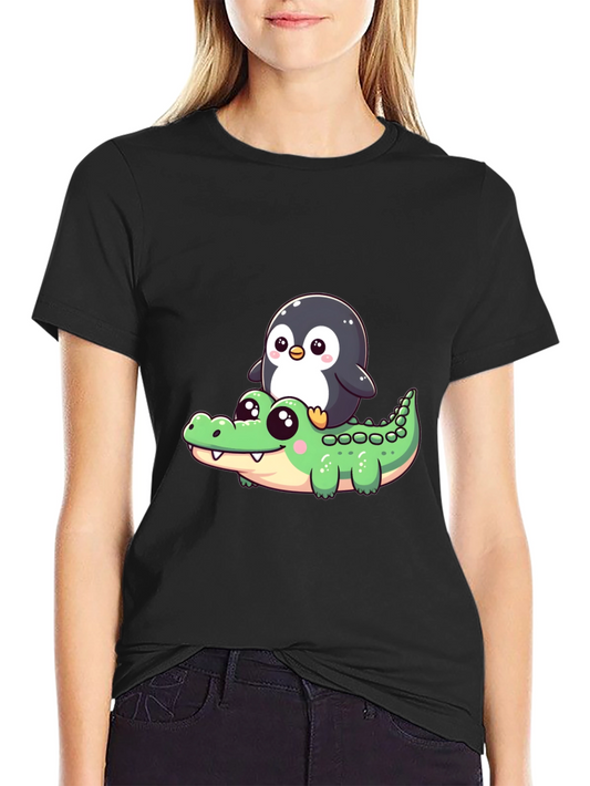 Cute Penguin Riding Alligator Graphic Tee - Black
