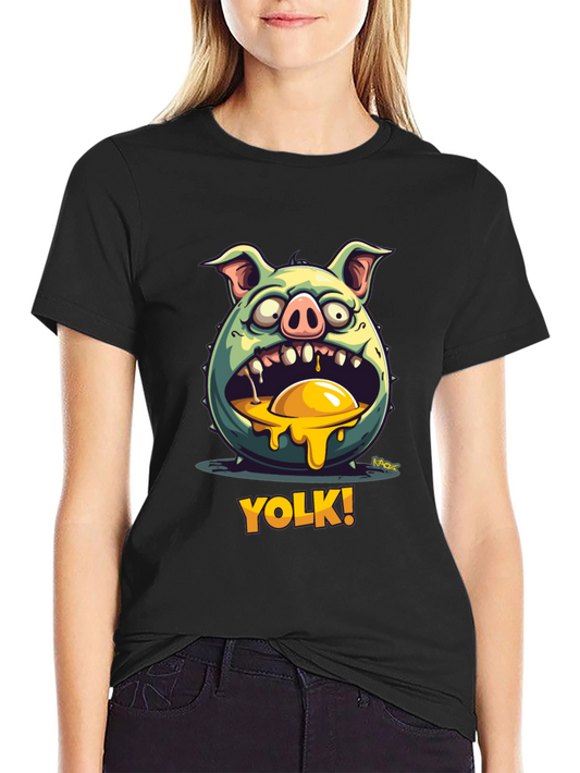YOLK! Funny Pig-Egg Graphic Black T-Shirt