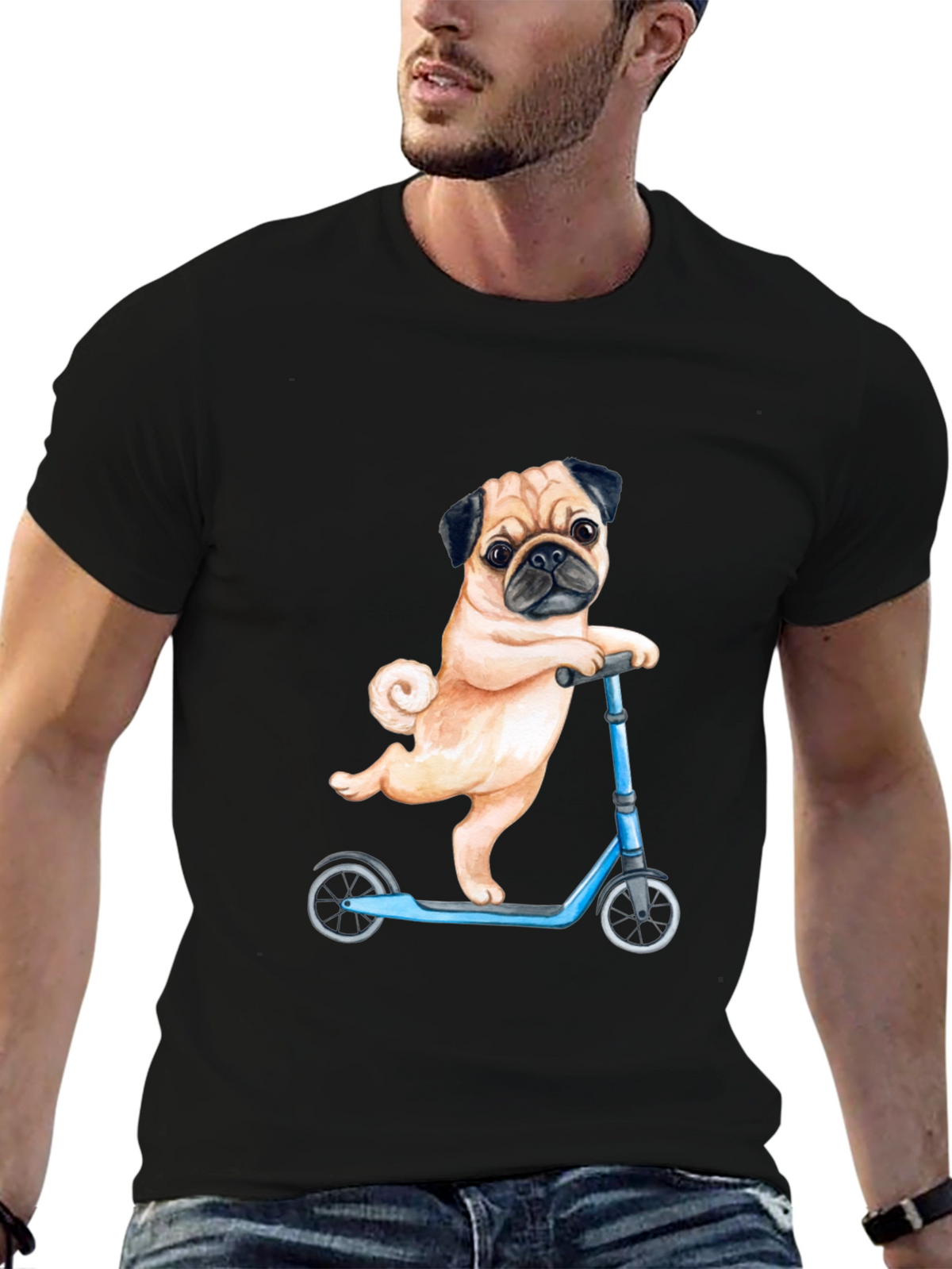 Pug on Scooter Graphic T-Shirt