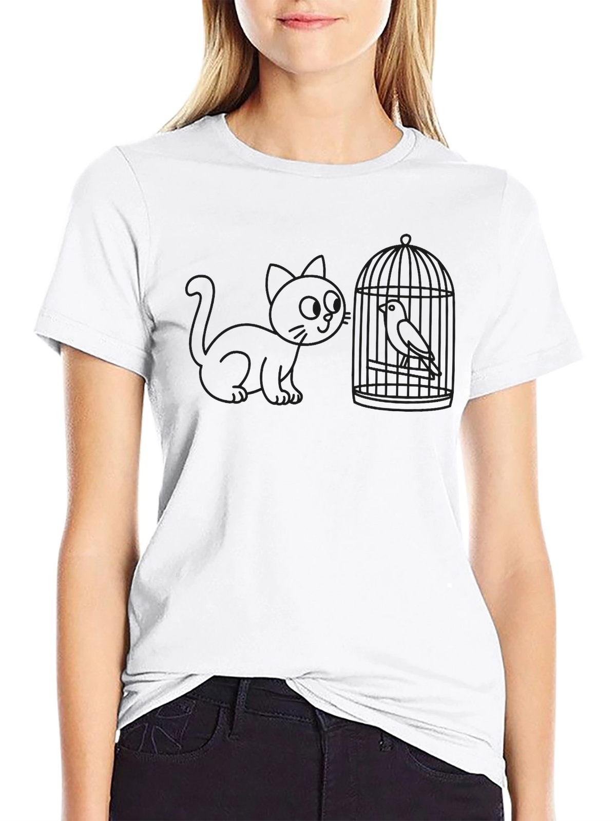 Cat and Birdcage Black T-Shirt