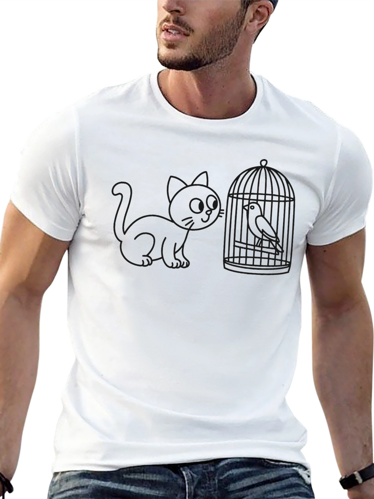 Cat and Birdcage Black T-Shirt