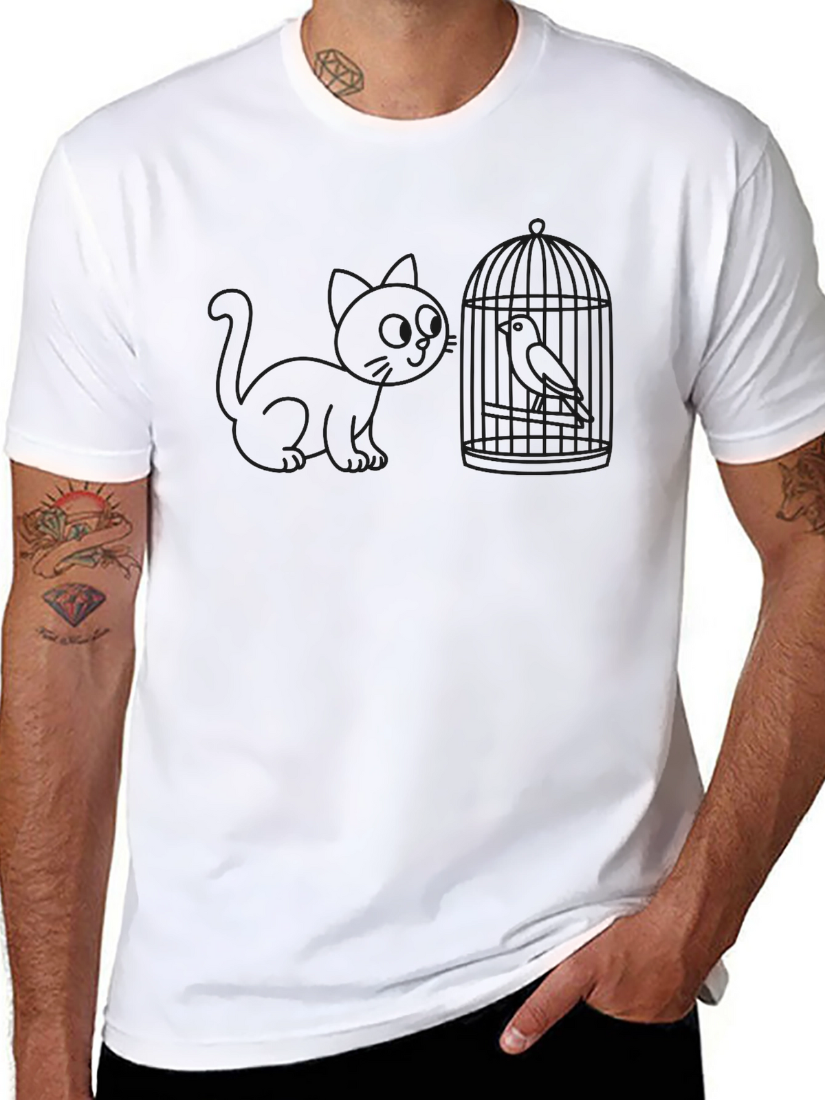 Cat and Birdcage Black T-Shirt
