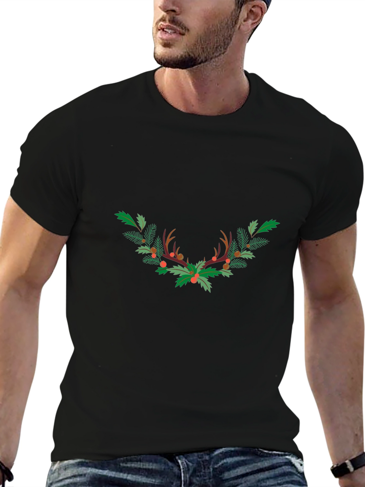 Festive Antler Wreath Graphic Tee - Black