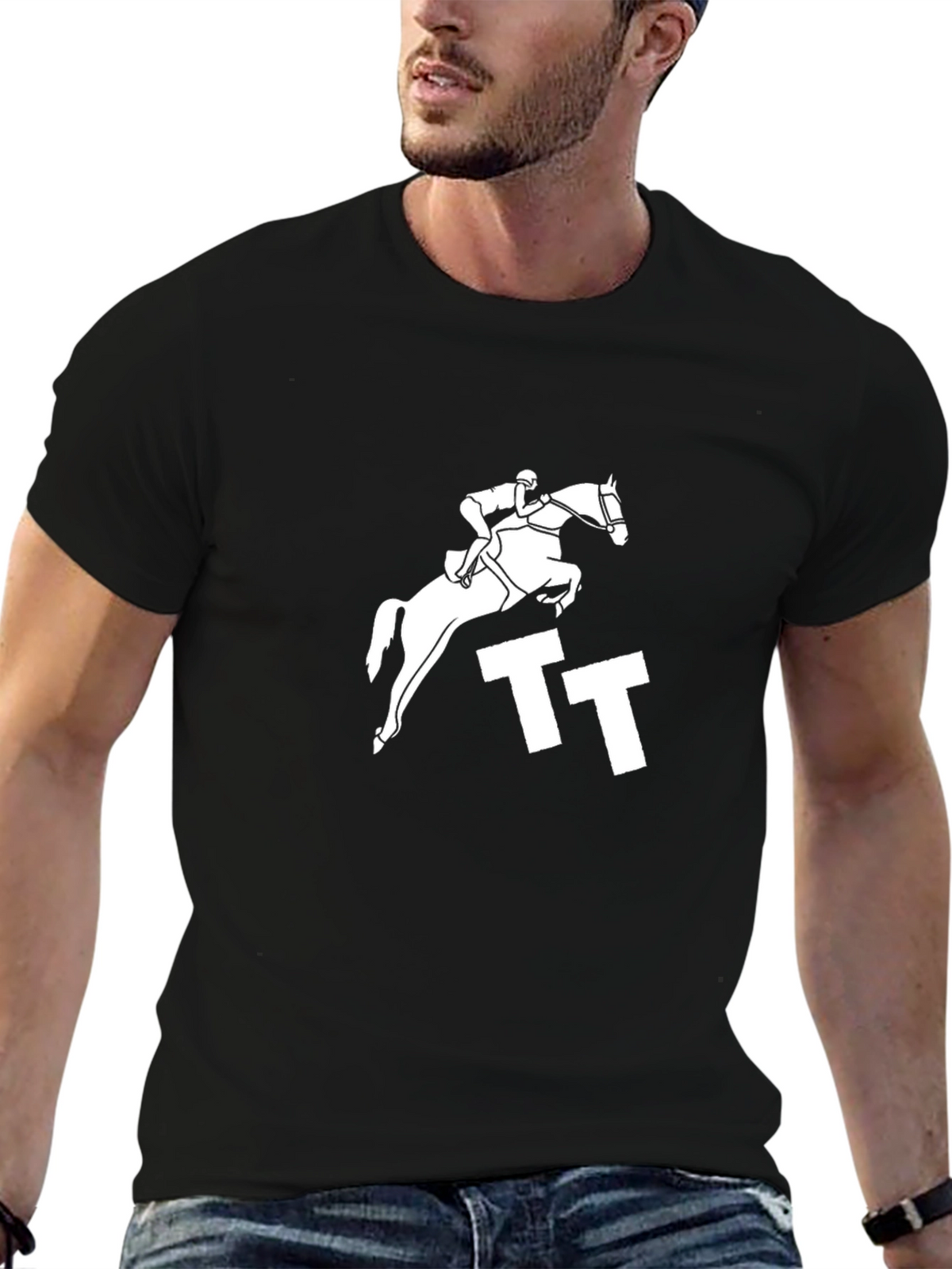 Equestrian Jump Tee - Black Cotton Graphic T-Shirt
