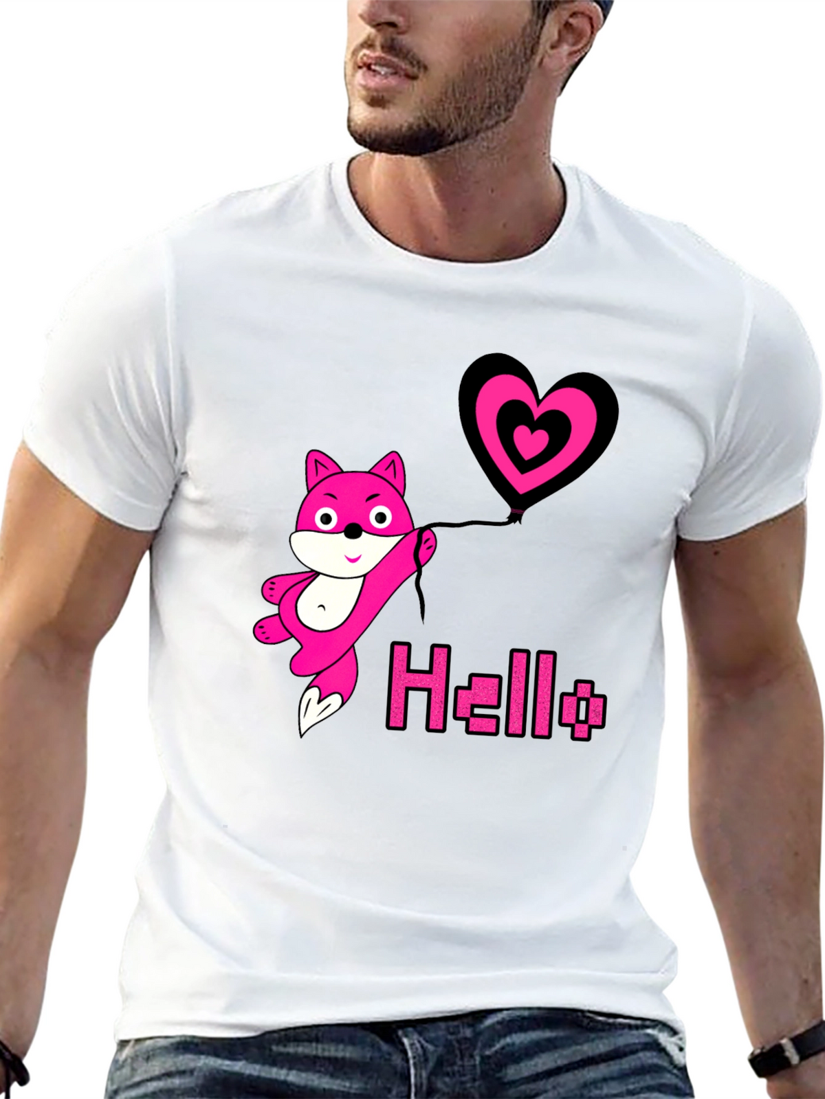 Pink Fox Heart Balloon Black T-Shirt
