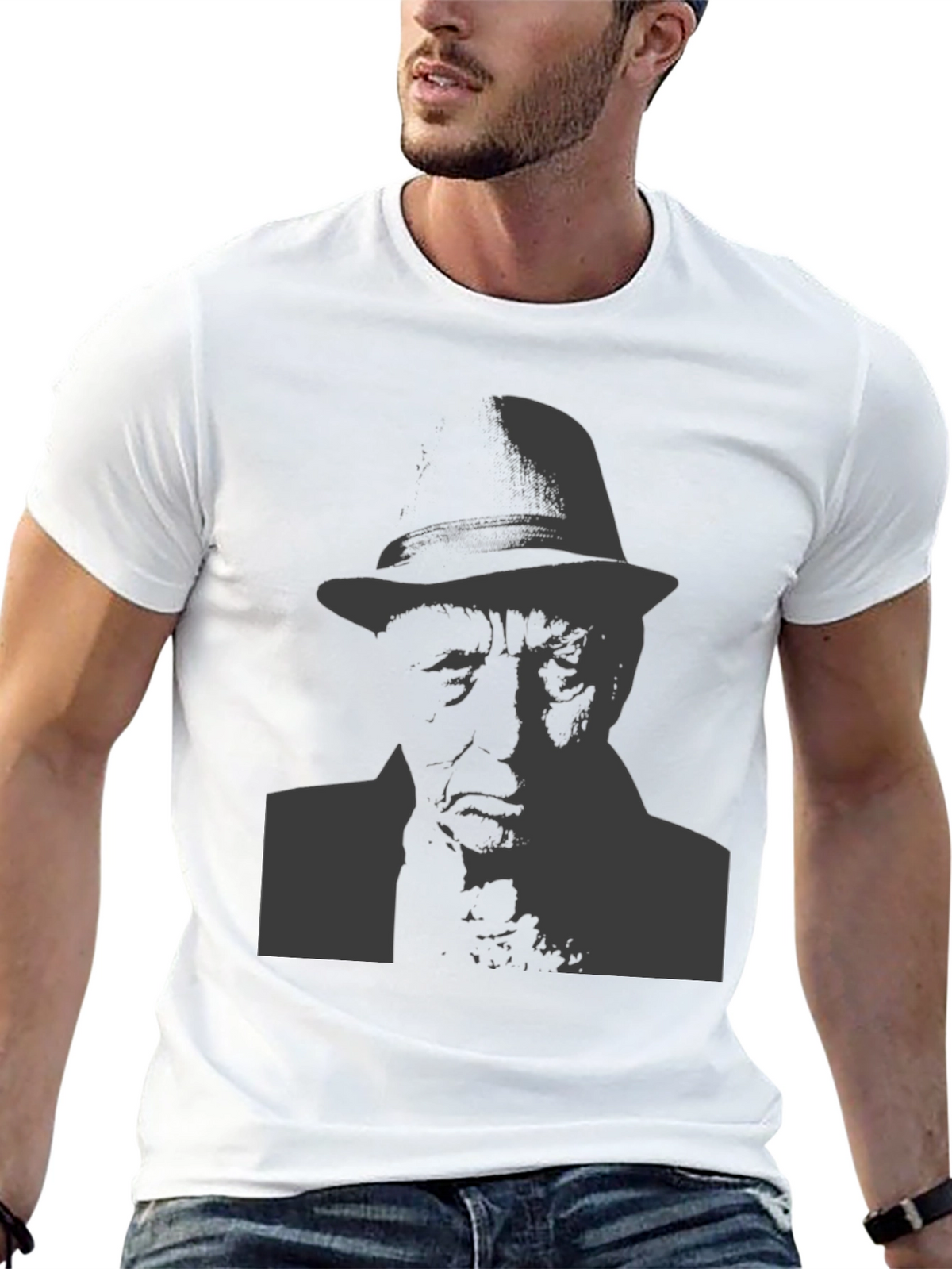 Black T-Shirt with Man in Hat Graphic
