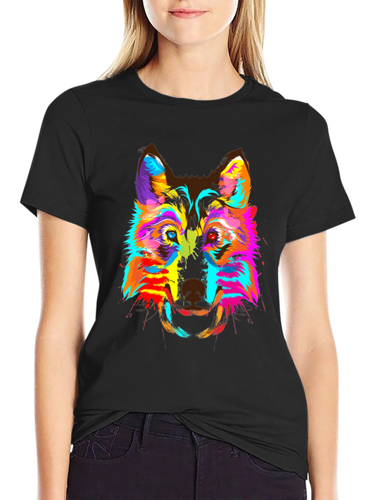 Colorful Wolf Graphic Print Crew Neck T-Shirt
