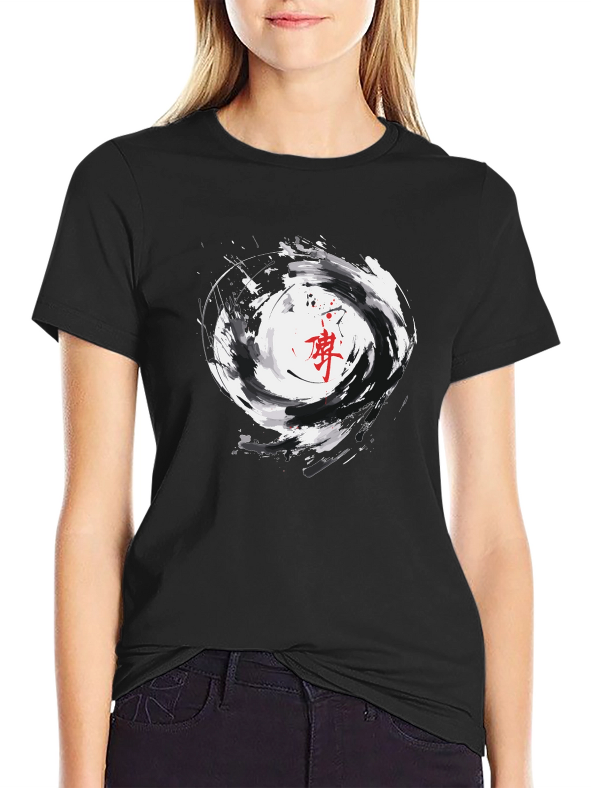 Black Graphic Tee with Asian Inspired Swirl Design