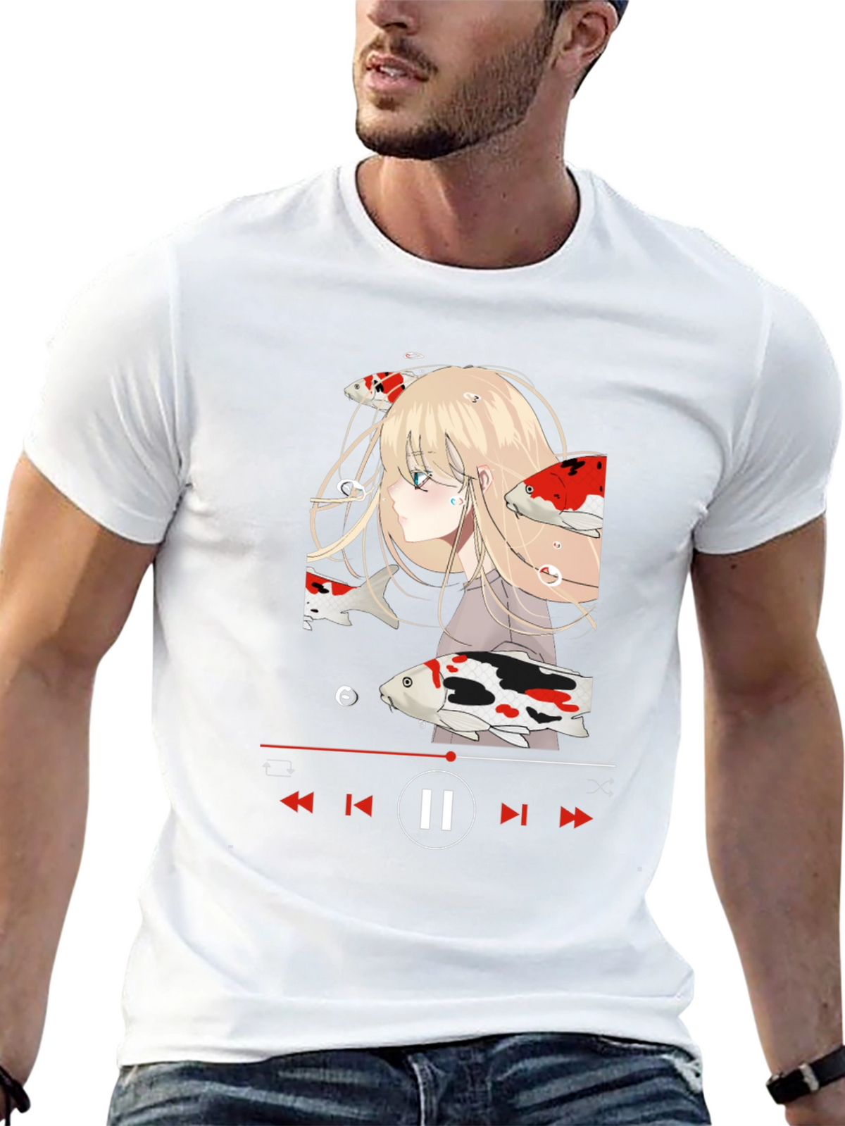 Anime Girl Koi Fish Music Player Black T-Shirt
