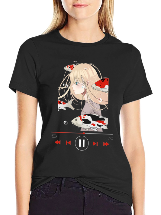 Anime Girl Koi Fish Music Player Black T-Shirt