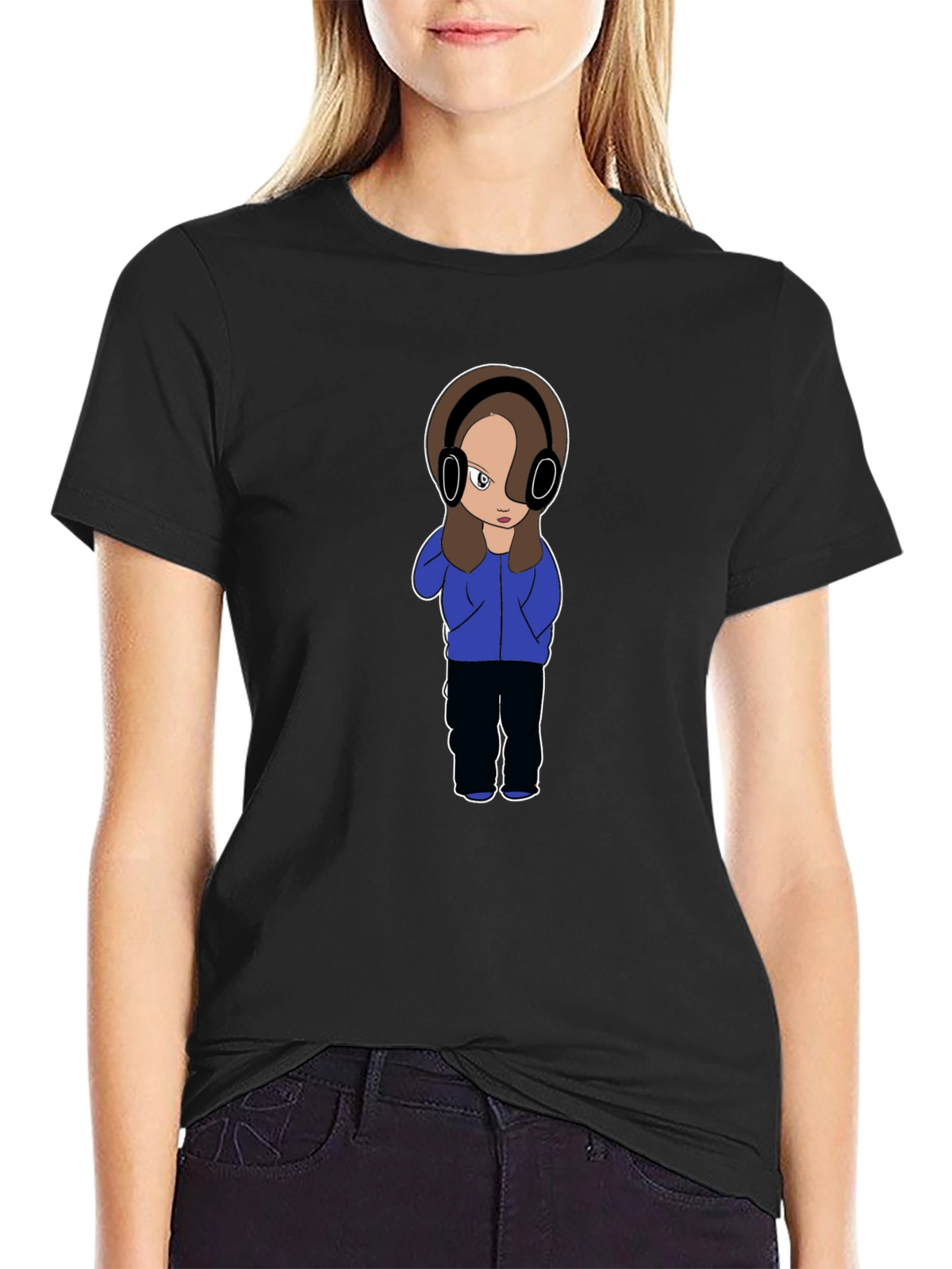 Cartoon Girl with Headphones Graphic T-Shirt