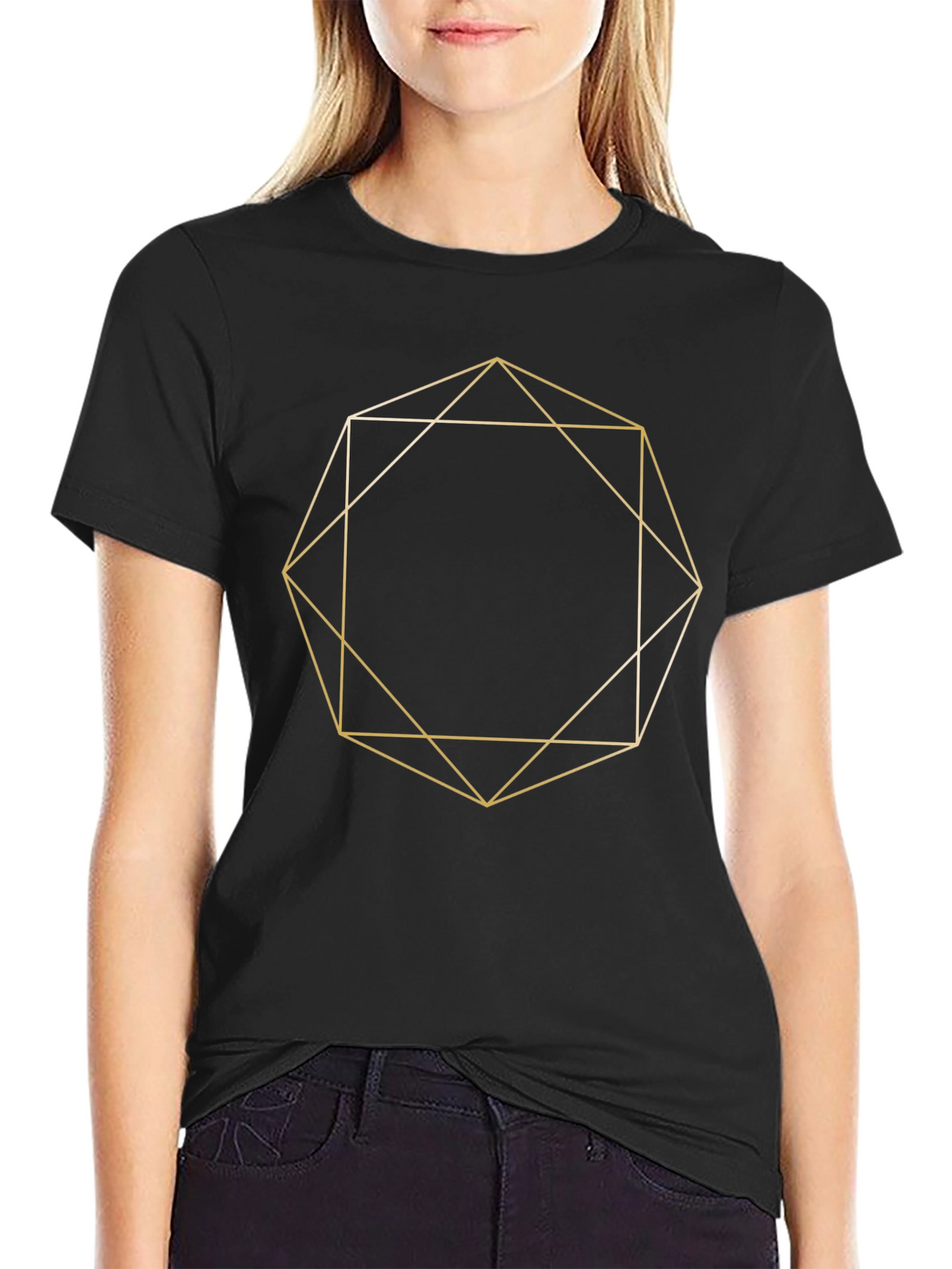 Geometric Gold Line Art Black T-Shirt