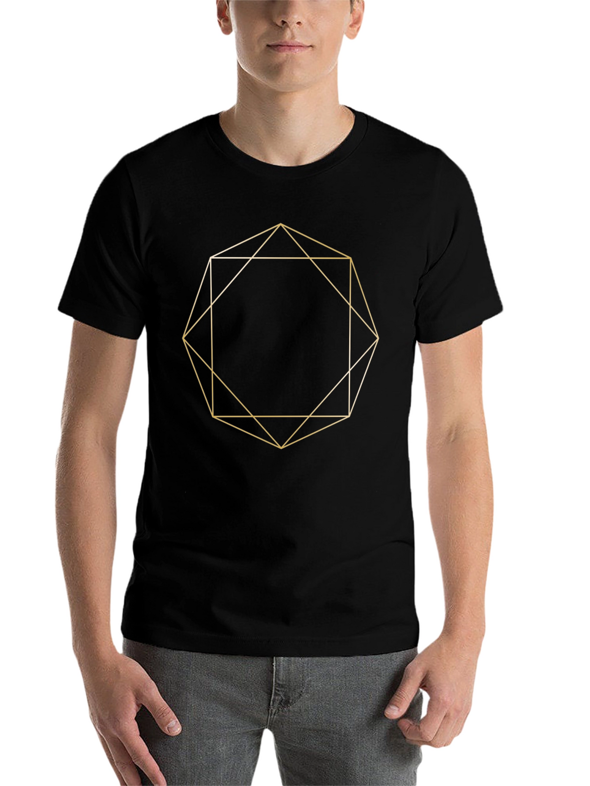 Geometric Gold Line Art Black T-Shirt