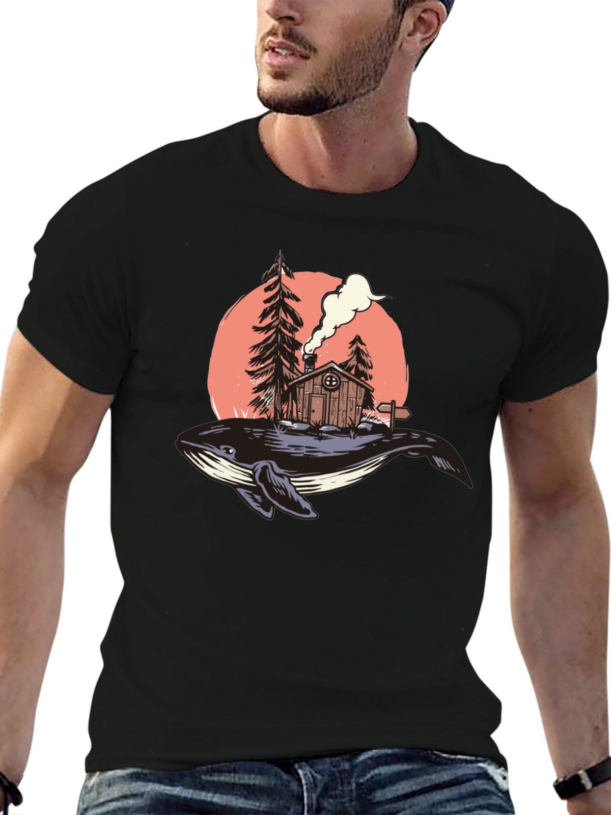 Whale Cabin Graphic Tee - Unique Design Black T-Shirt