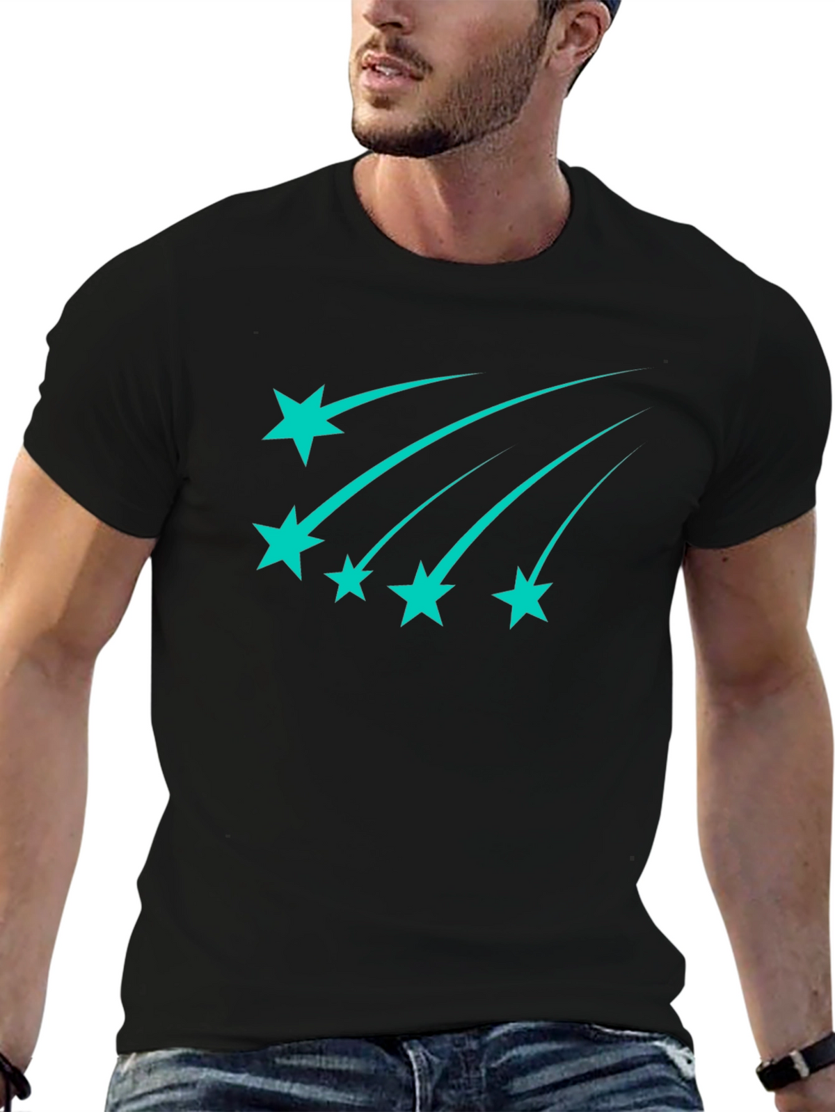 Stylish Black Tee with Teal Shooting Stars