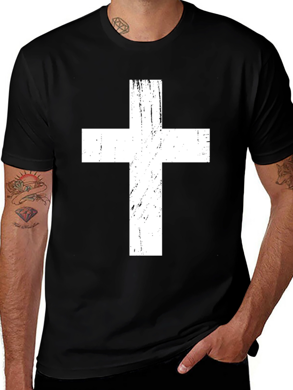 Distressed Cross Graphic Tee - Black Christian T-Shirt