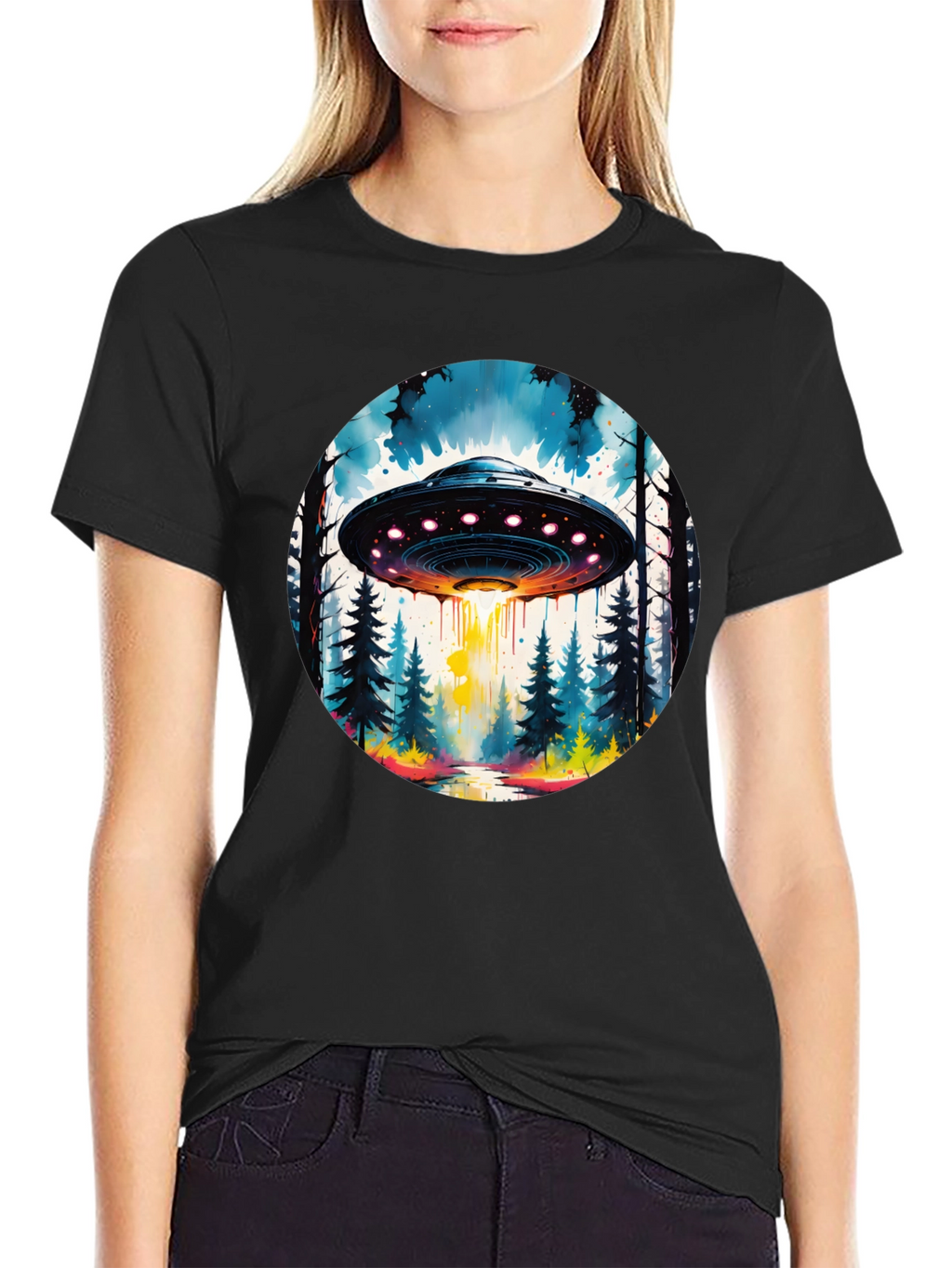 UFO Forest Graphic Tee - Black Cotton T-Shirt