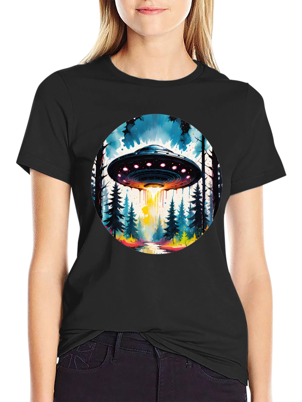 UFO Forest Graphic Tee - Black Cotton T-Shirt