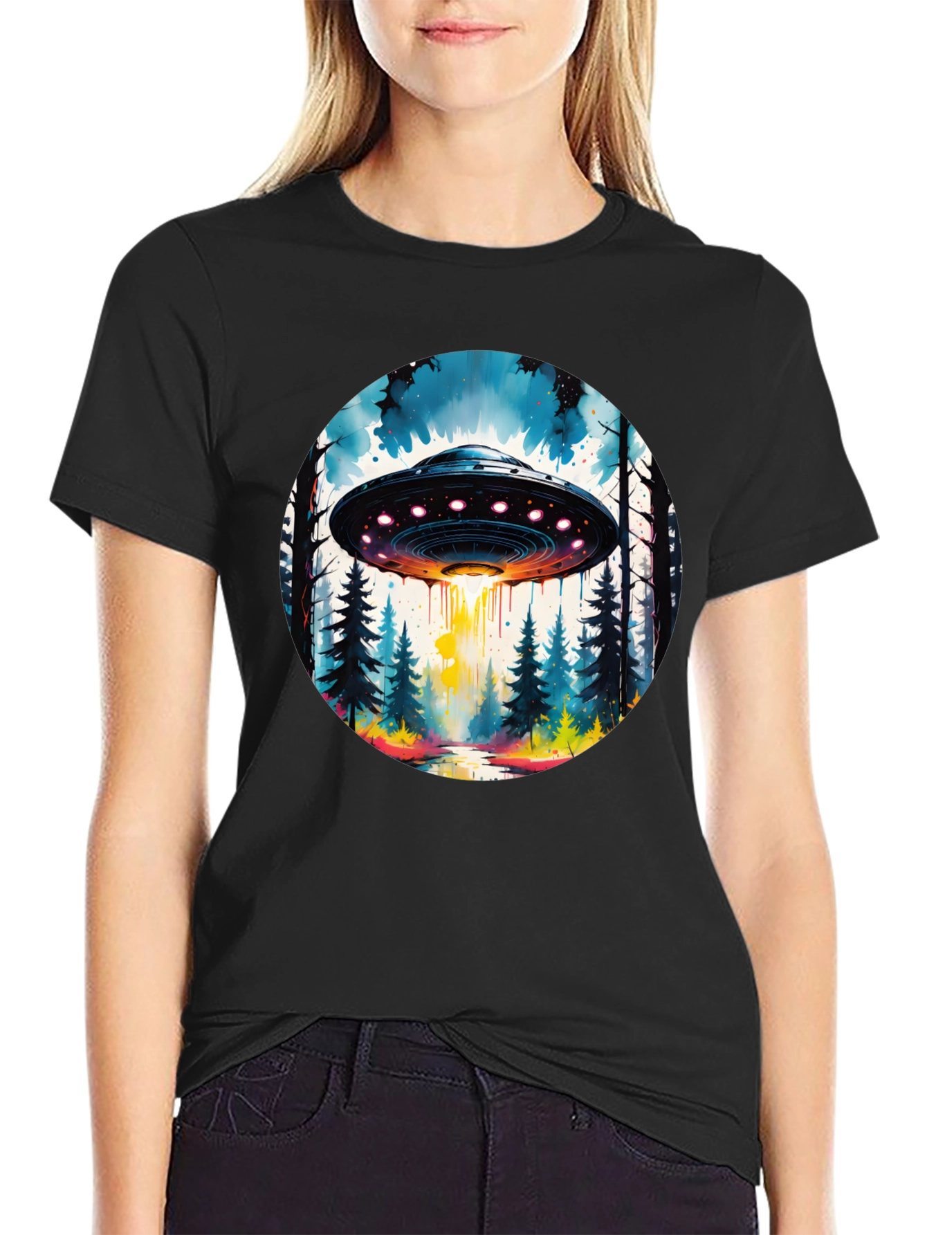 UFO Forest Graphic Tee - Black Cotton T-Shirt